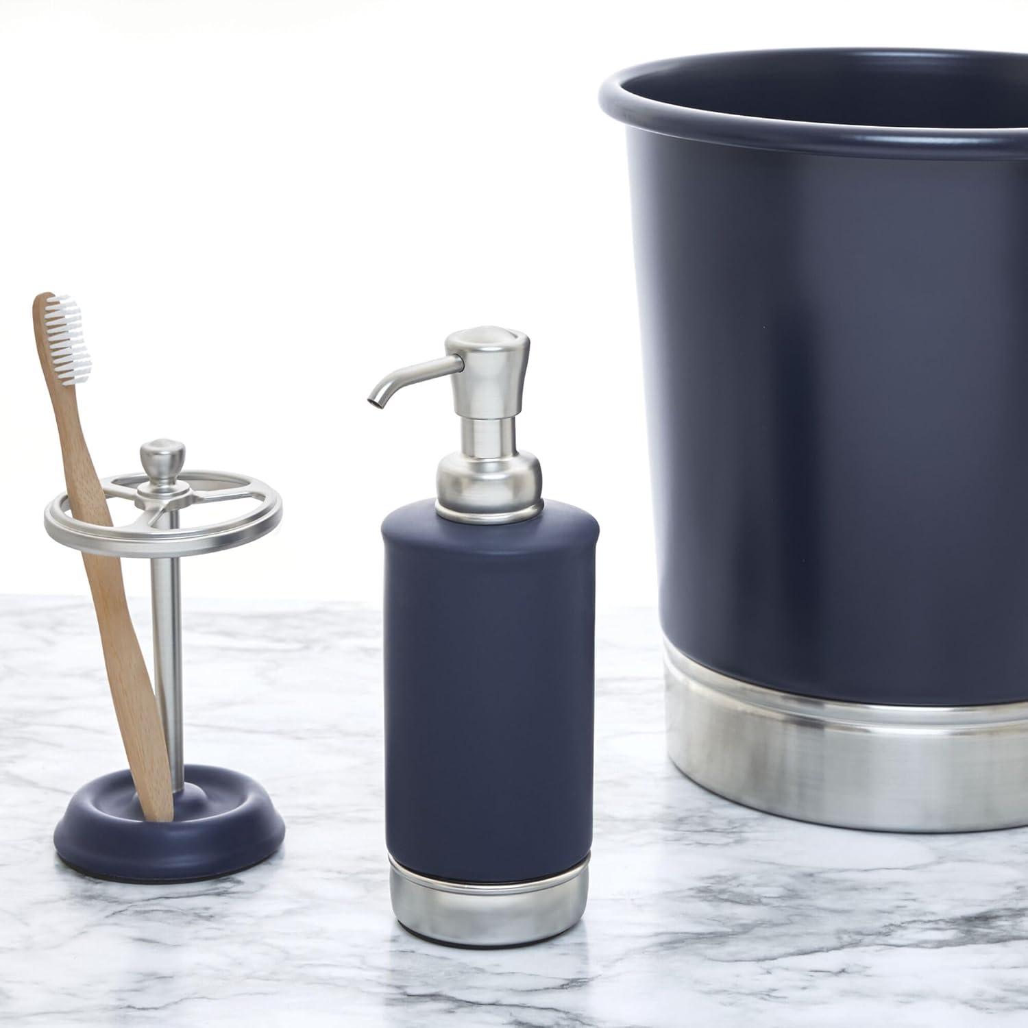 iDesign Ceramic and Steel Toothbrush Holder with Three Divided Compartments, Navy & Brushed Nickel