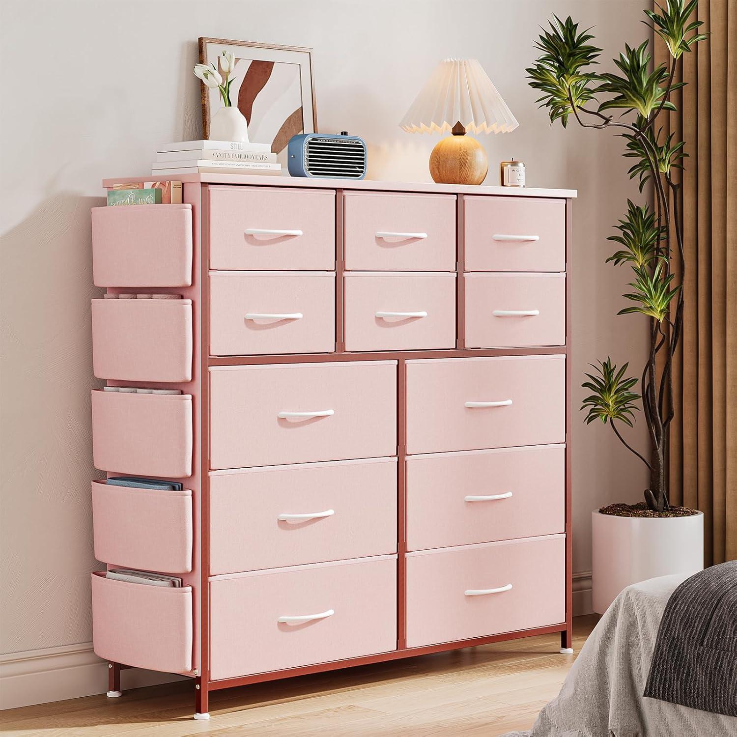 Jojoka 12-Drawer Dresser for Bedroom, Fabric Storage Organizer With Wood Top, Side Pockets & Hooks Cabinet for Closet, Nursery,  Pink