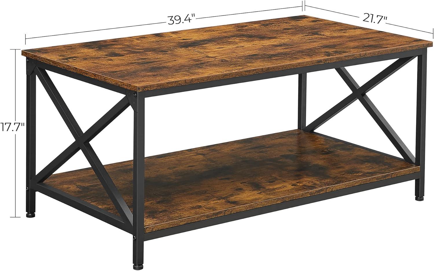 Rustic Brown and Black Industrial Coffee Table with Storage Shelf