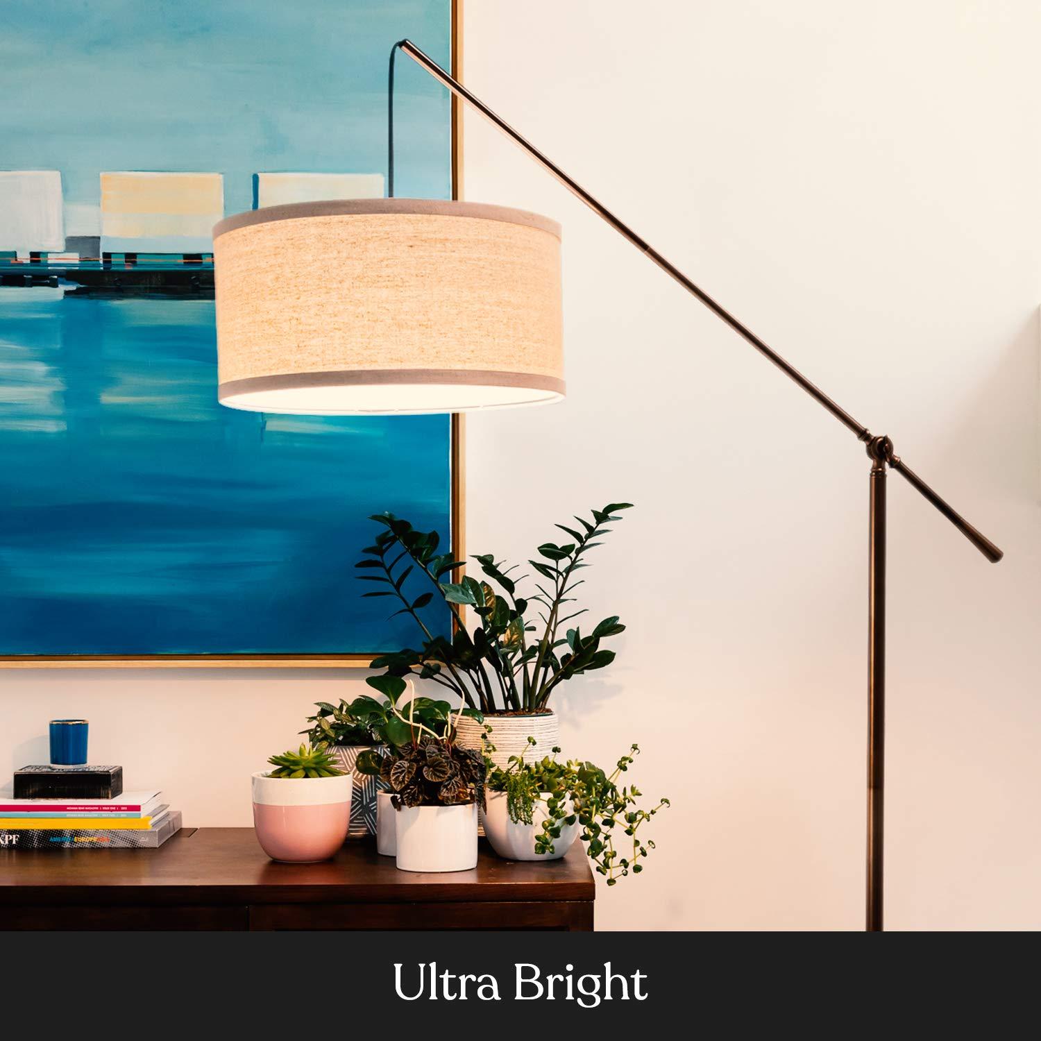 Brightech Hudson 70" Modern LED Floor Lamp with Adjustable Height, Brushed Bronze Finish, and Beige Fabric Drum Shade, Bulb Included