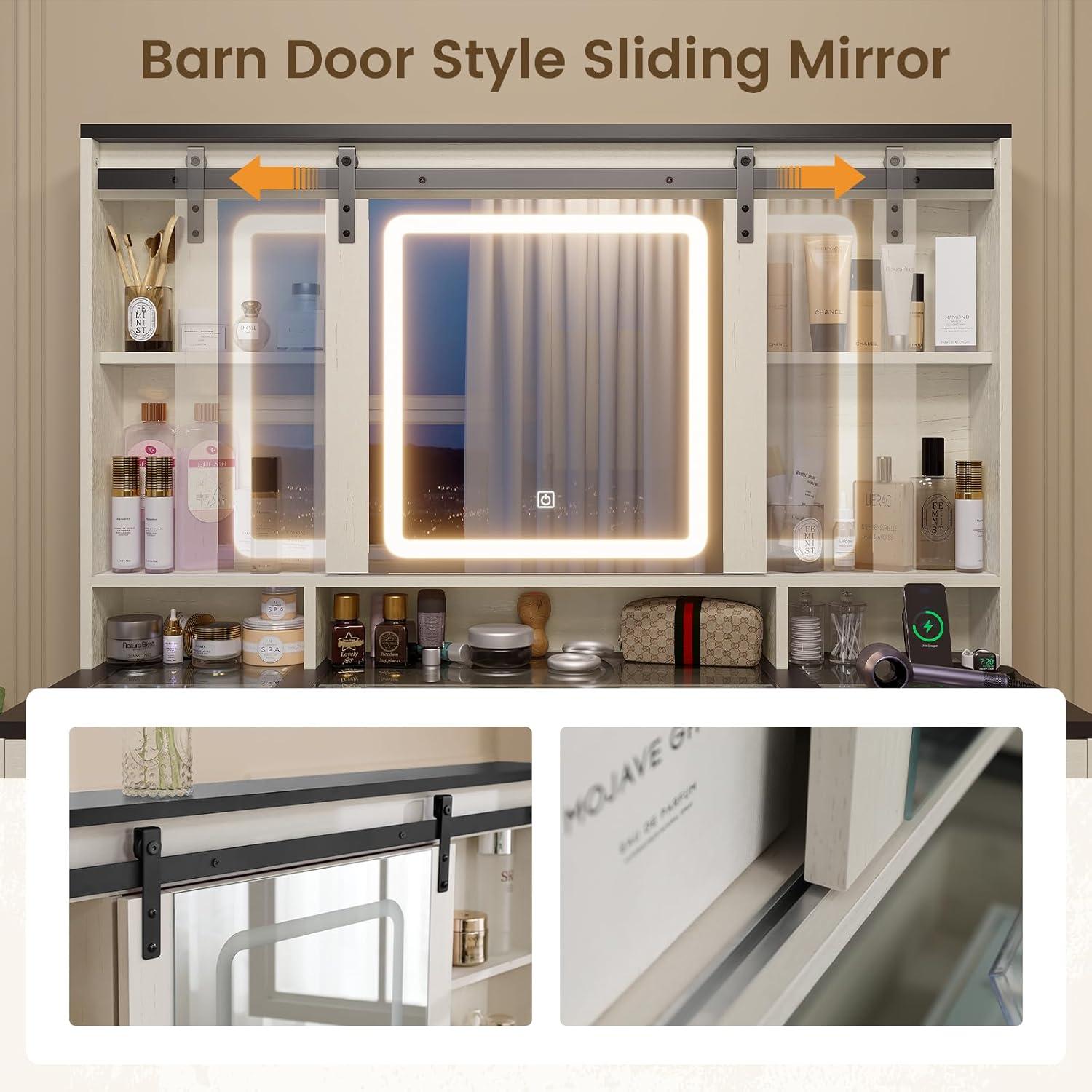 Farmhouse Makeup Vanity Desk with Sliding Lighted Mirror, Glass Top Vanity Desk with Power Outlet, Rustic Vanity Set, Antique White