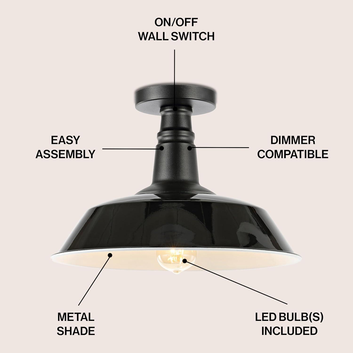 JONATHAN Y Camila 14" 1-Light Classic Industrial Indoor/Outdoor Iron LED Semi Flush Mount, Black/White, JYL7617B