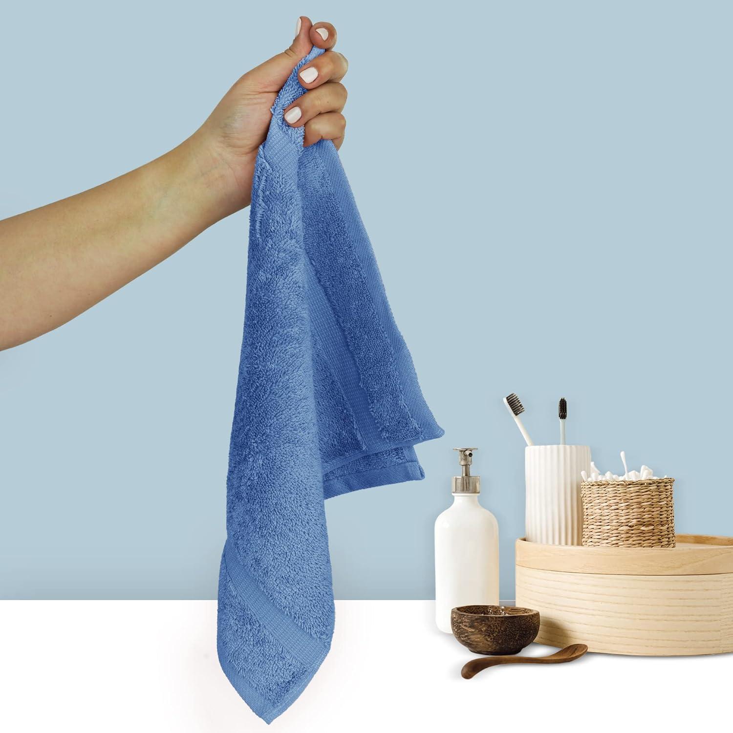 BC BARE COTTON Luxury Hotel & Spa Towel Turkish Cotton Washcloths - Dobby Border (13x13 Inches) - Set of 12 - Wedgewood