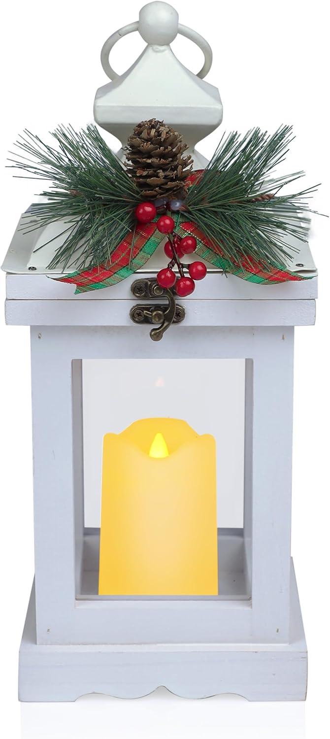 Alpine Corporation 5" x 12" Vintage Holiday Lantern with Battery-Powered LED Candle, White