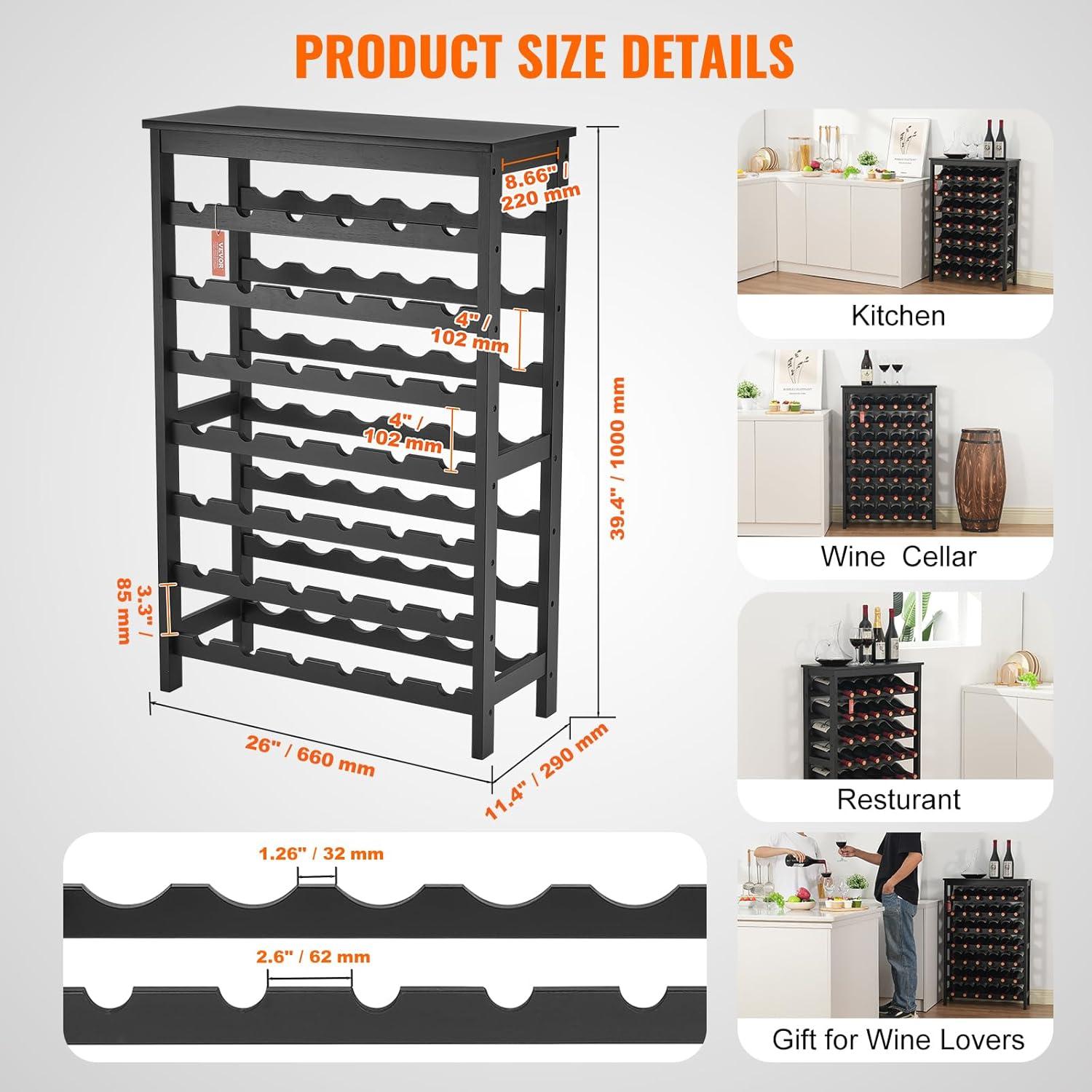 VEVOR 42 Bottle Modular Wine Rack, 7-Tier Solid Bamboo Wood Storage Racks with Table Top, Floor Freestanding Wines Holder Display Shelf, Wobble-Free Shelves for Kitchen, Bar, and Cellar (Black)