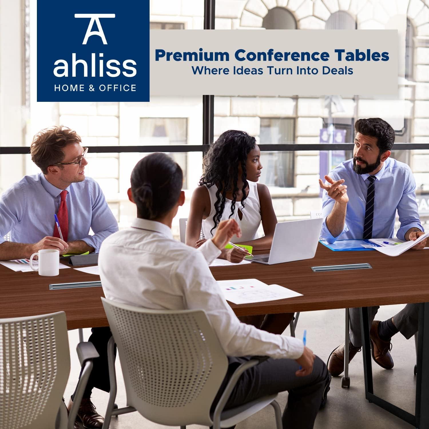 Sturdy Conference Table With Cable Management Grommets By Ahliss- Modern Rectangle Office Meeting Table With Wood Tabletop And Metal Frame & Legs- Easy Assembly Boardroom Table