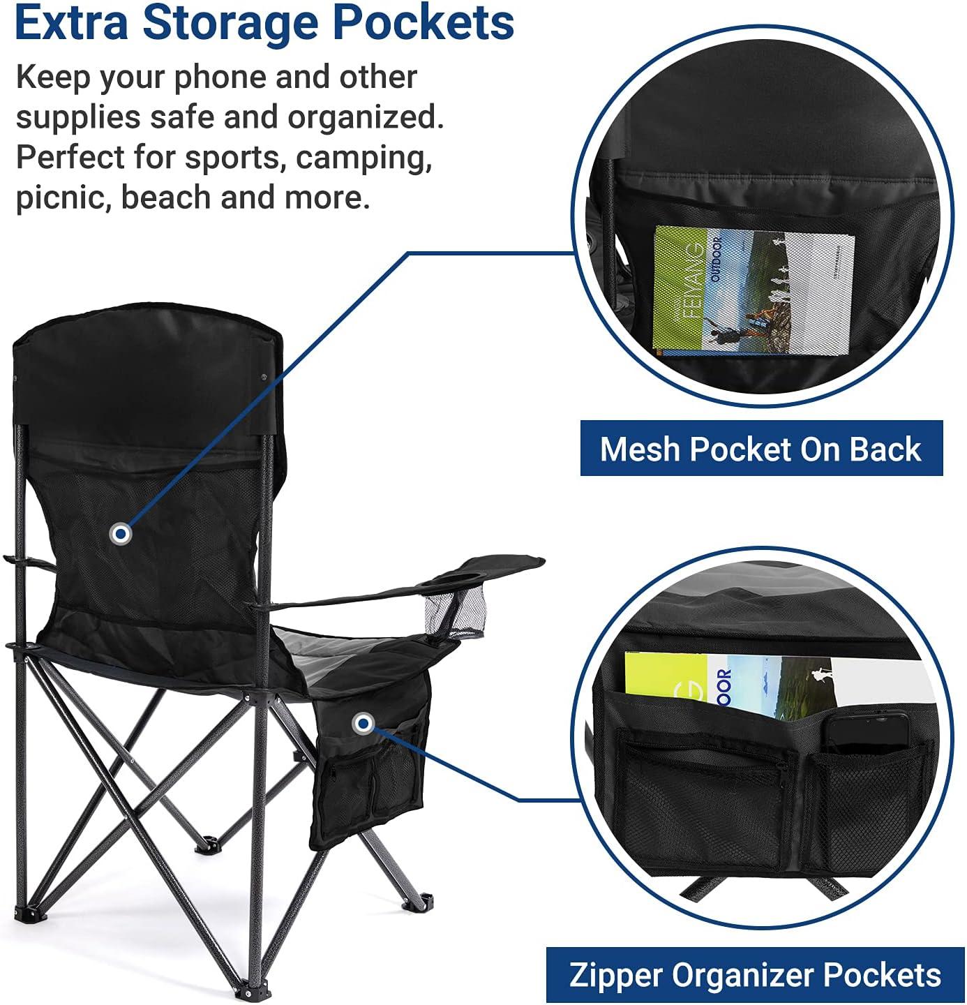 Camping Folding Chair Padded Quad Arm Chair with Large Cup Holders, Side Organizer & Back Pocket for Outdoor, Camp, Indoor, Patio, Fishing, Supports 350lbs , Black and Gray