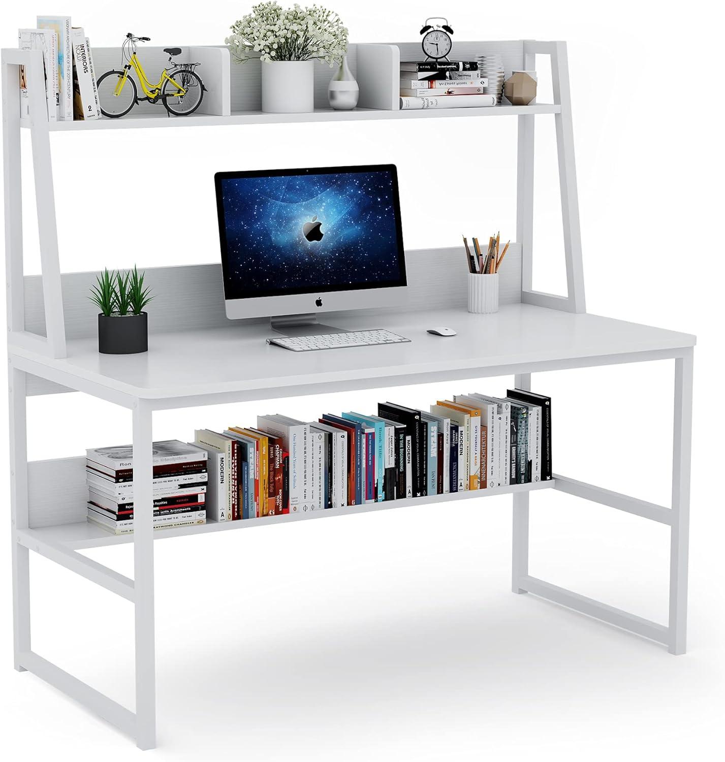 White Particleboard Computer Desk with Hutch and Bookshelf