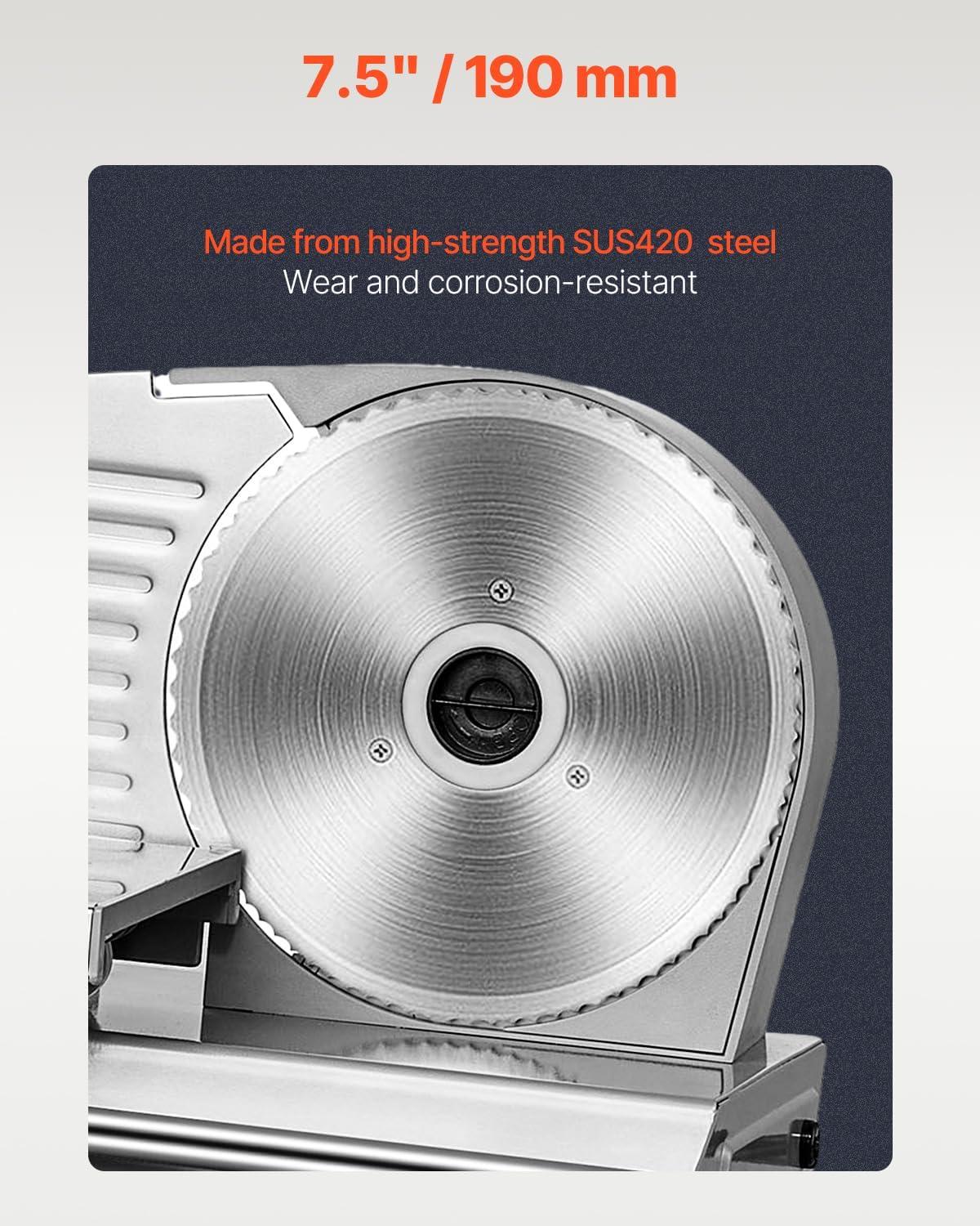 VEVOR Meat Slicer, 7.5 inch Electric Deli Food Slicer, 180W Meat Cutter with a Premium SUS420 Blade, 0-0.6 inch Adjustable Thickness, Slicer Machine