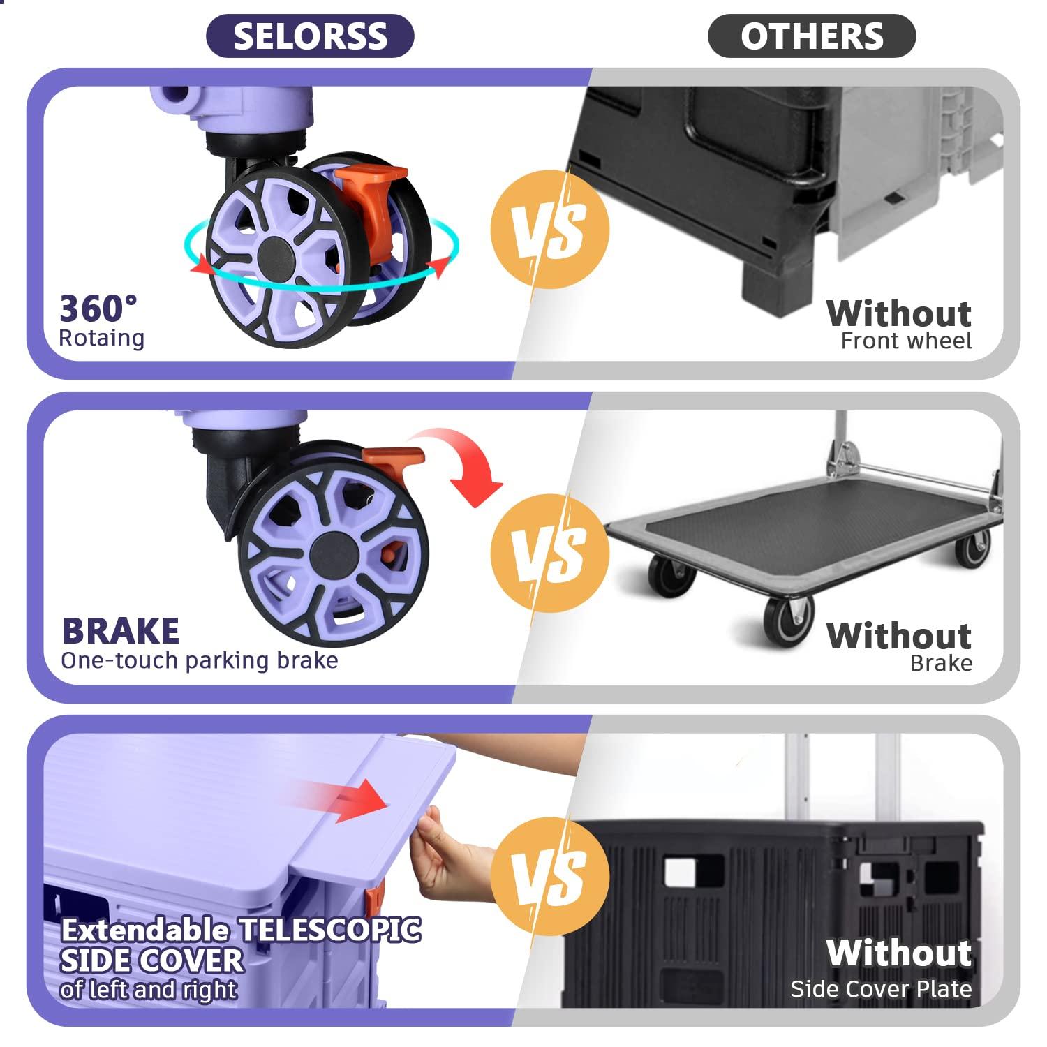 Folding Utility Cart Portable Rolling Crate Handcart with Magnetic Sliding Lid Telescoping Handle Heavy Duty Plastic Box Dolly 360Swivel Wheels for Travel Shopping Move Office Use(Purple Pro)