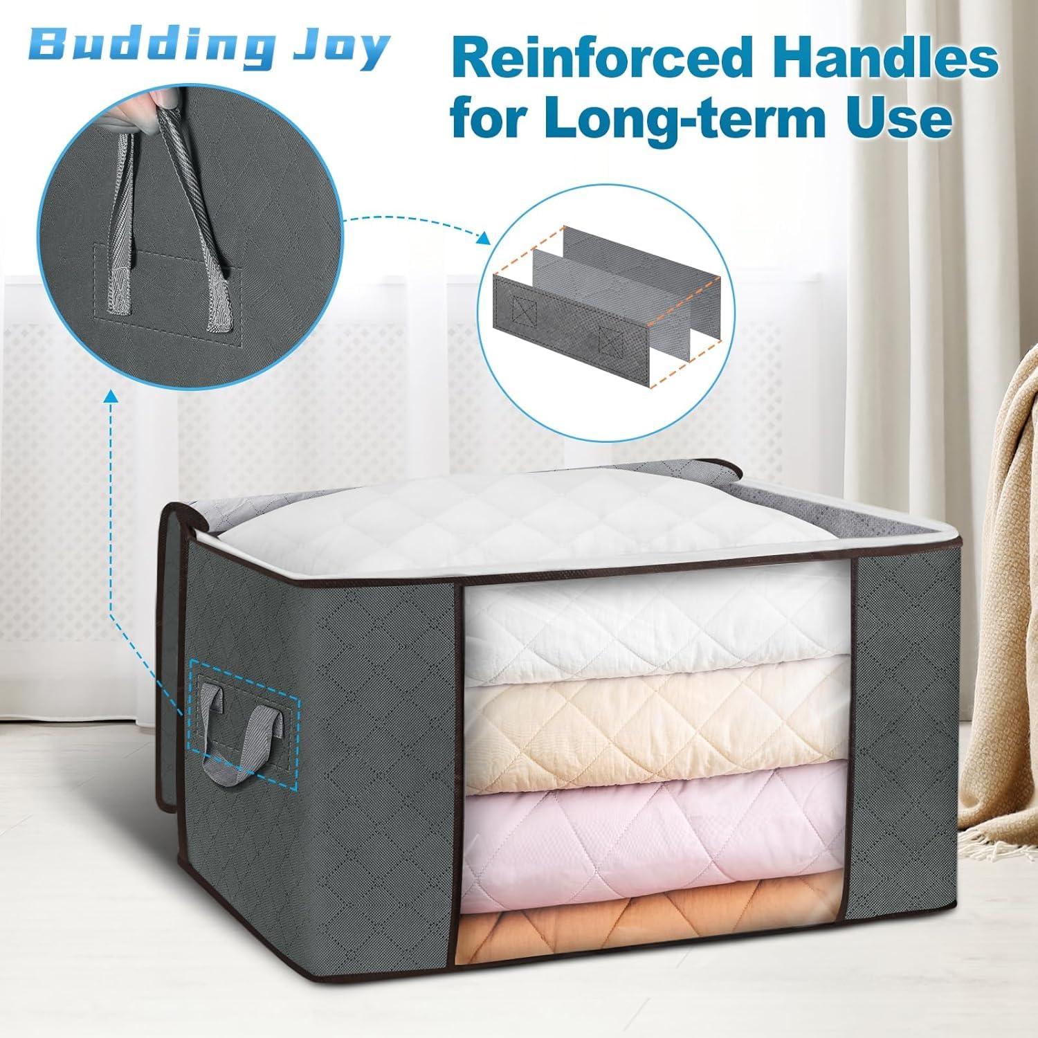 Budding Joy Clothes Storage, Foldable Large Blanket Storage Bags with Zippers, Storage and Organization for Clothing, Comforter, Bedding, Toys, Closet Organizers with Enhanced Handle, 60L 6 Pack Gray