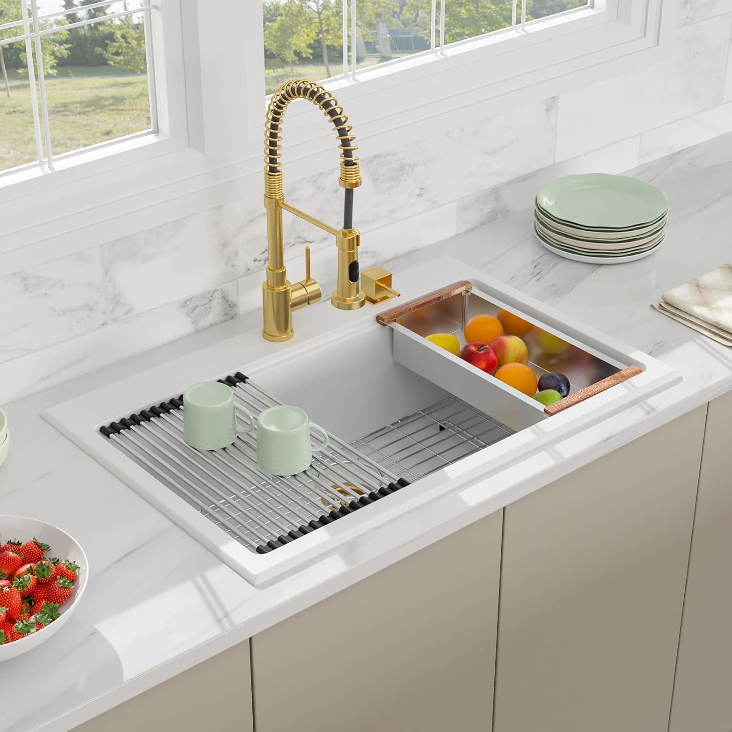 33x22 Inch White Quartz Composite Workstastion Kitchen Sink Drop-in Top-Mount Single Bowl Sink with 2 Faucet Holes