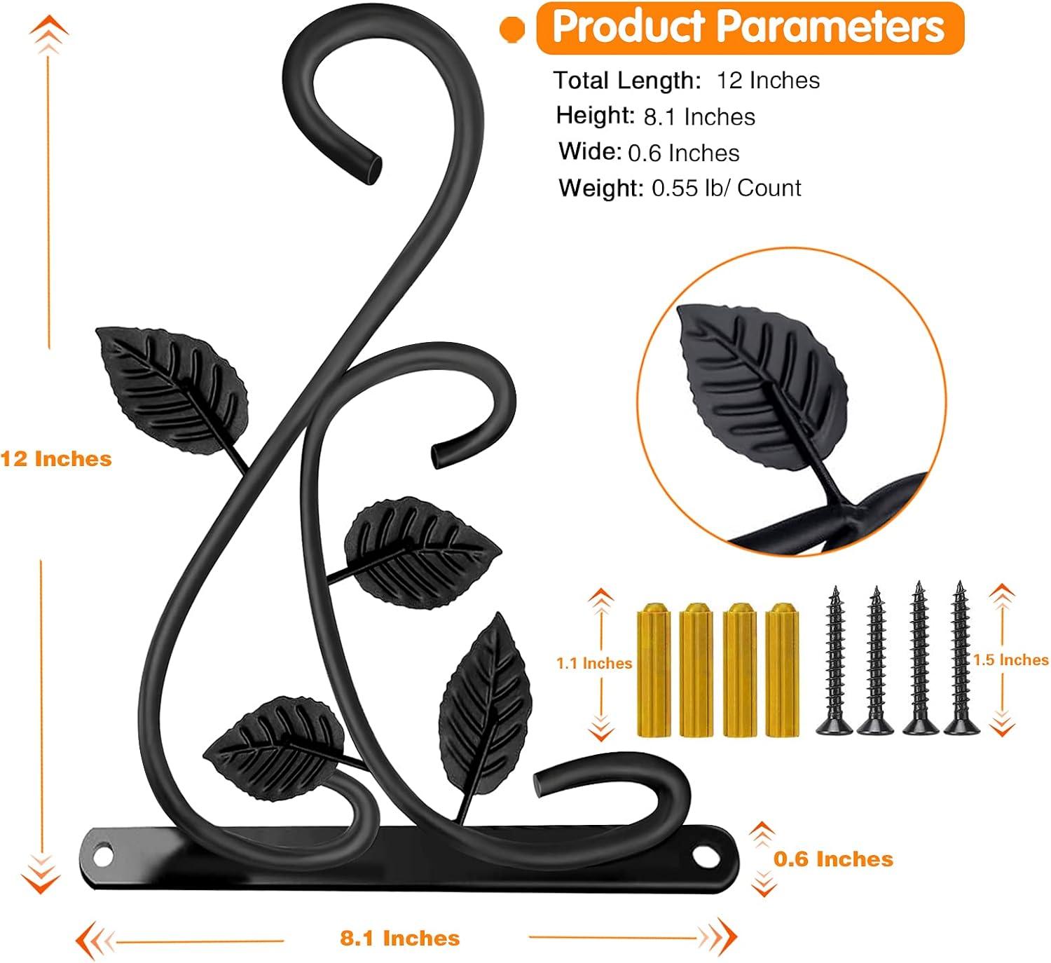 2Pcs Metal Hanging Hook Plants Brackets, 12 Inch Iron Wall Mount Bracket Durable Rust-Resistant Plant Hanger Hook for Hanging Plants Bird Feeder Lantern Wind Chimes