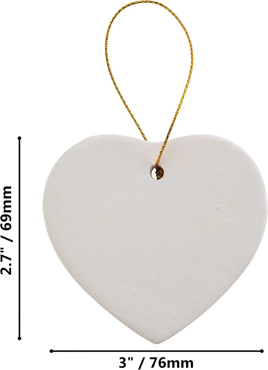 Ready to Paint DIY Ceramic Bisque Heart Ornaments with Hanger for Christmas Tree and Holiday Decoration | 12 Pack