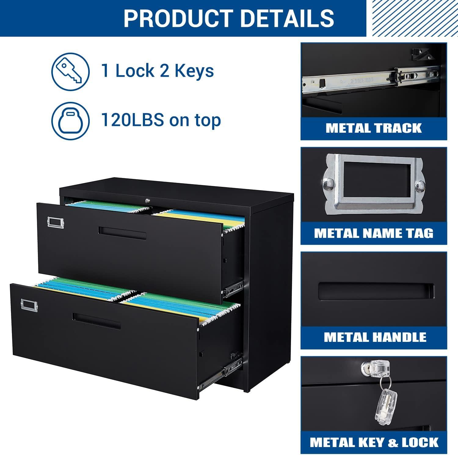 U-SHARE 2 Drawer Lateral File Cabinet with Lock, Metal Steel Filling Cabinets for Home Office, Lockable Storage Cabinet for Hanging Files Letter/Legal/F4/A4 Size-Assembly Required