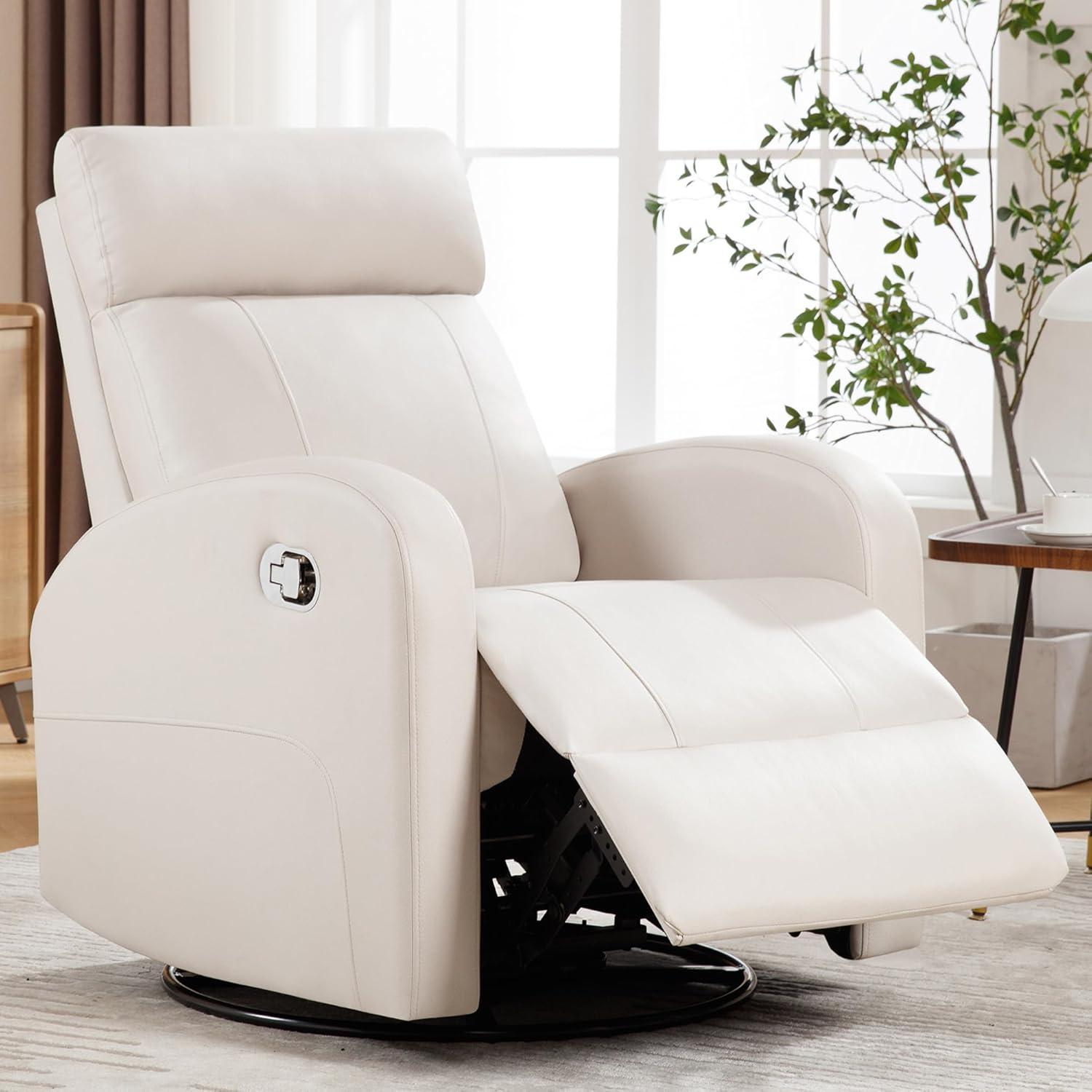 Beige Faux Leather Swivel Recliner with Adjustable Headrest