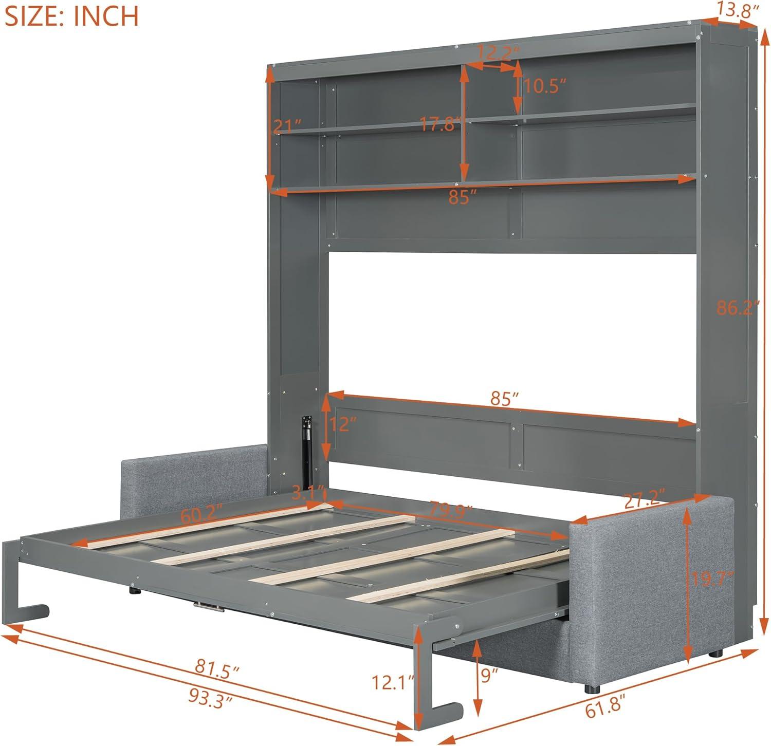 Harper & Bright Designs Queen Size Murphy Bed with Cushion and Storage Shelves, Wood Queen Platform Bed with Sofa, Wall Bed, Hidden Foldable Bed Frame for Home Office or Small Room,Gray