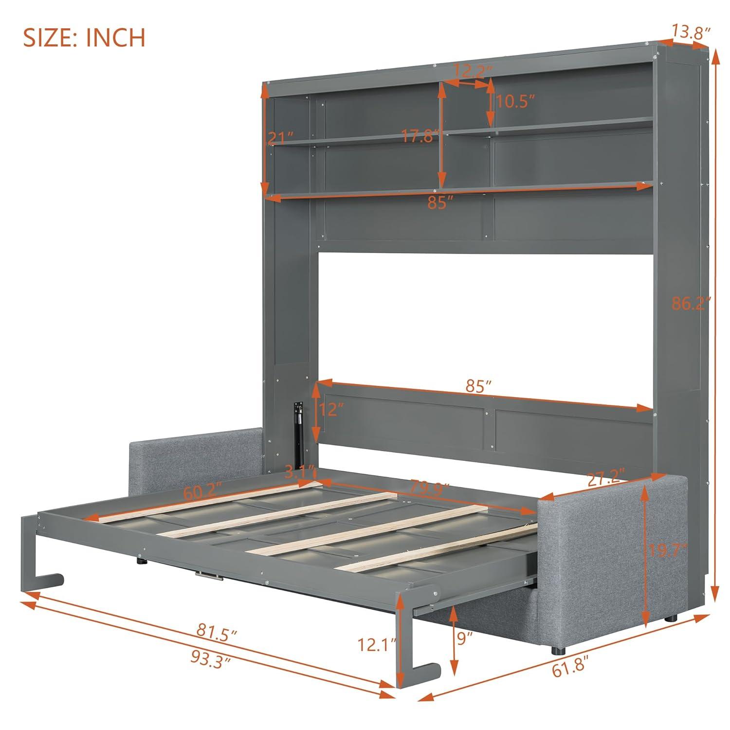 Harper & Bright Designs Queen Size Murphy Bed with Cushion and Storage Shelves, Wood Queen Platform Bed with Sofa, Wall Bed, Hidden Foldable Bed Frame for Home Office or Small Room,Gray