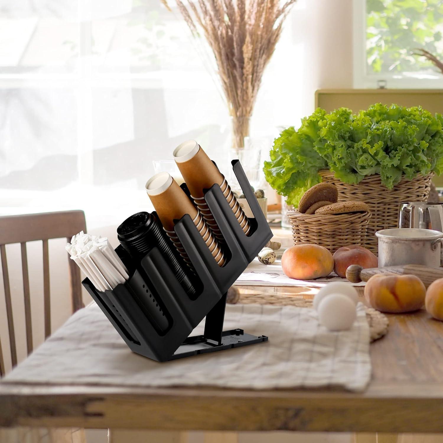 Paper Cup and Lid Holder with Straw Organizer, Disposable Coffee Cup Dispenser for Countertop Coffee Station Bar Restaurant Breakroom, Black