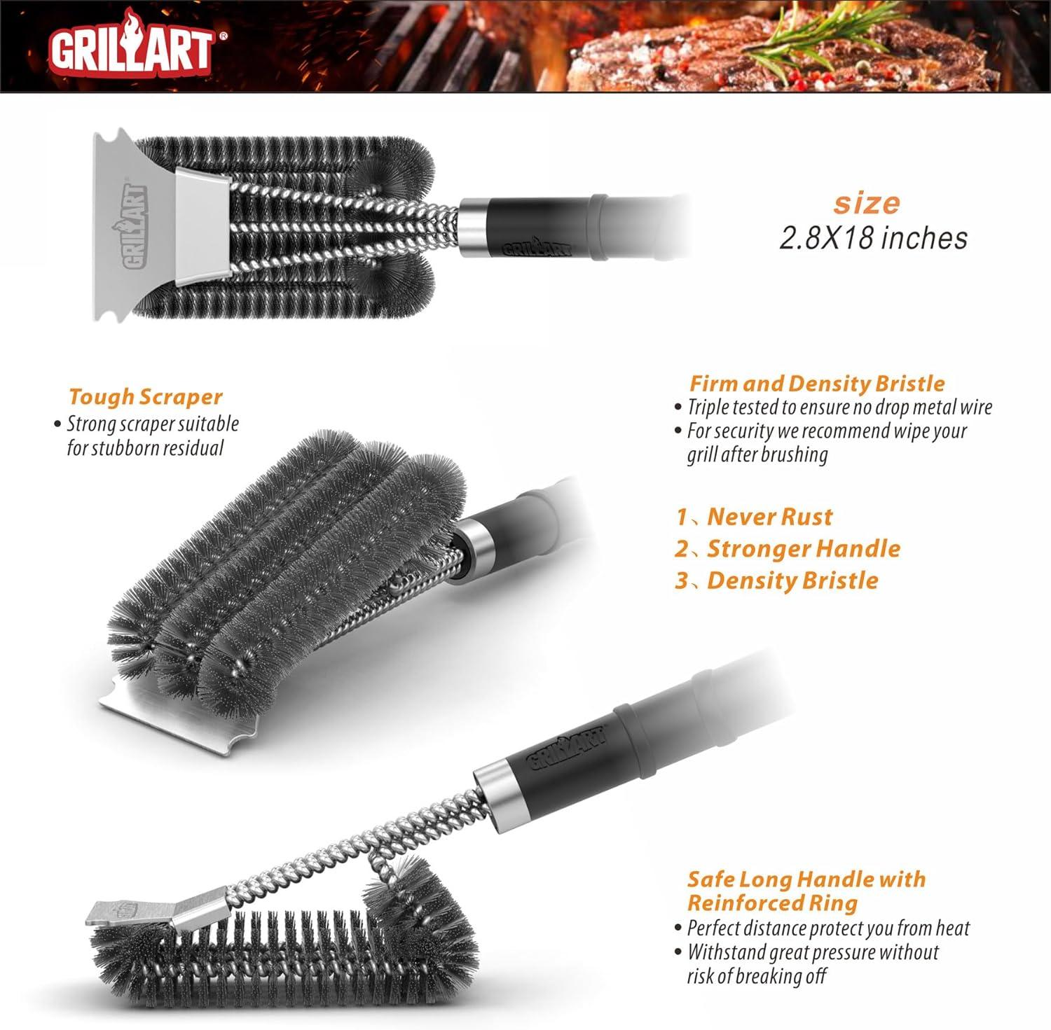 GRILLART Grill Brush and Scraper with Deluxe Handle, Safe Wire Grill Brush BBQ Cleaning Brush Grill Grate Cleaner for Gas Infrared Charcoal Porcelain Grills, BR-8529