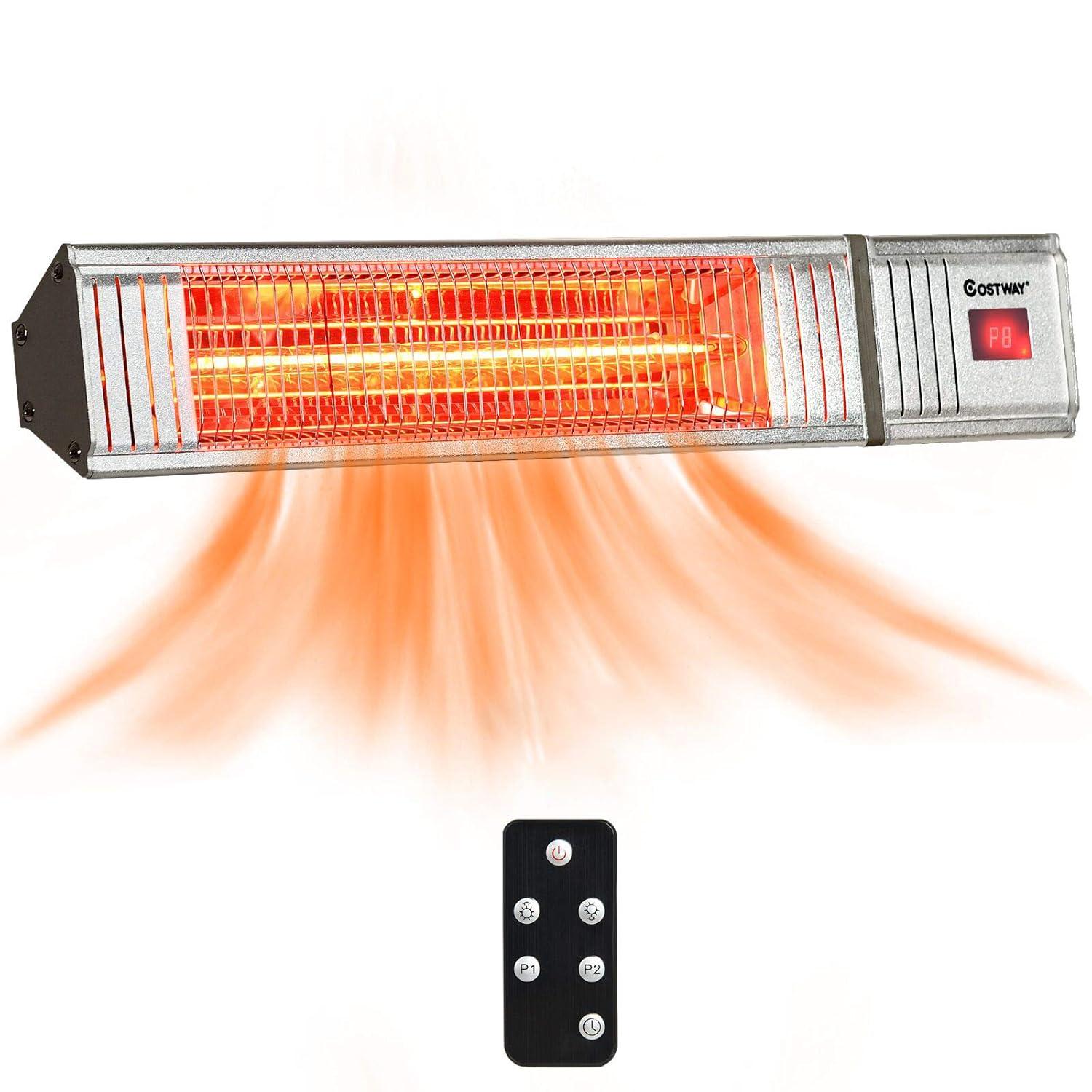 Costway Wall-Mounted Patio Heater 750W/1500W Infrared Heater with 9-Level Adjustable 24H Timer & Remote Control Silver