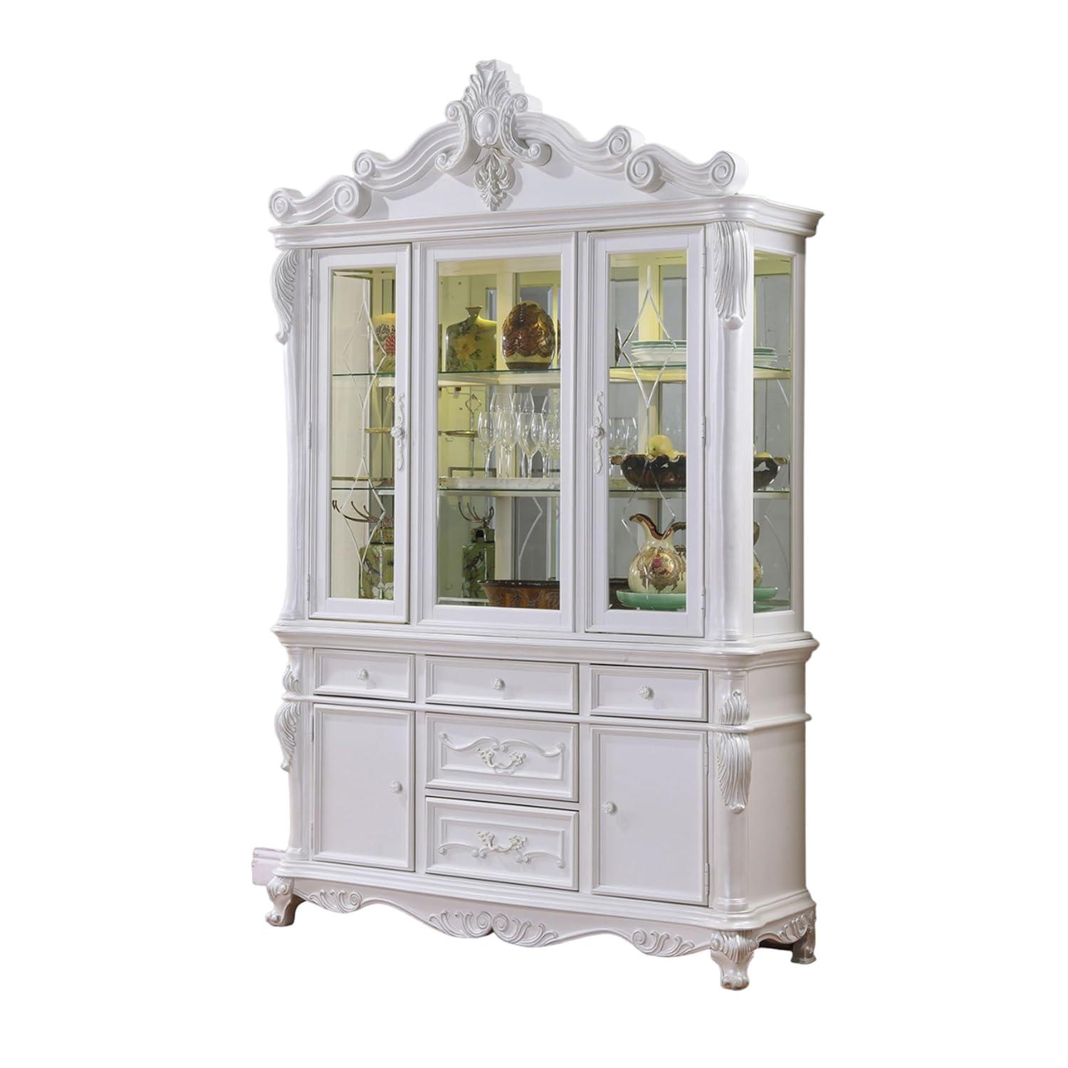 Benjara Zenie Buffet Cabinet and Hutch, Classic Carved Details, White Solid Wood