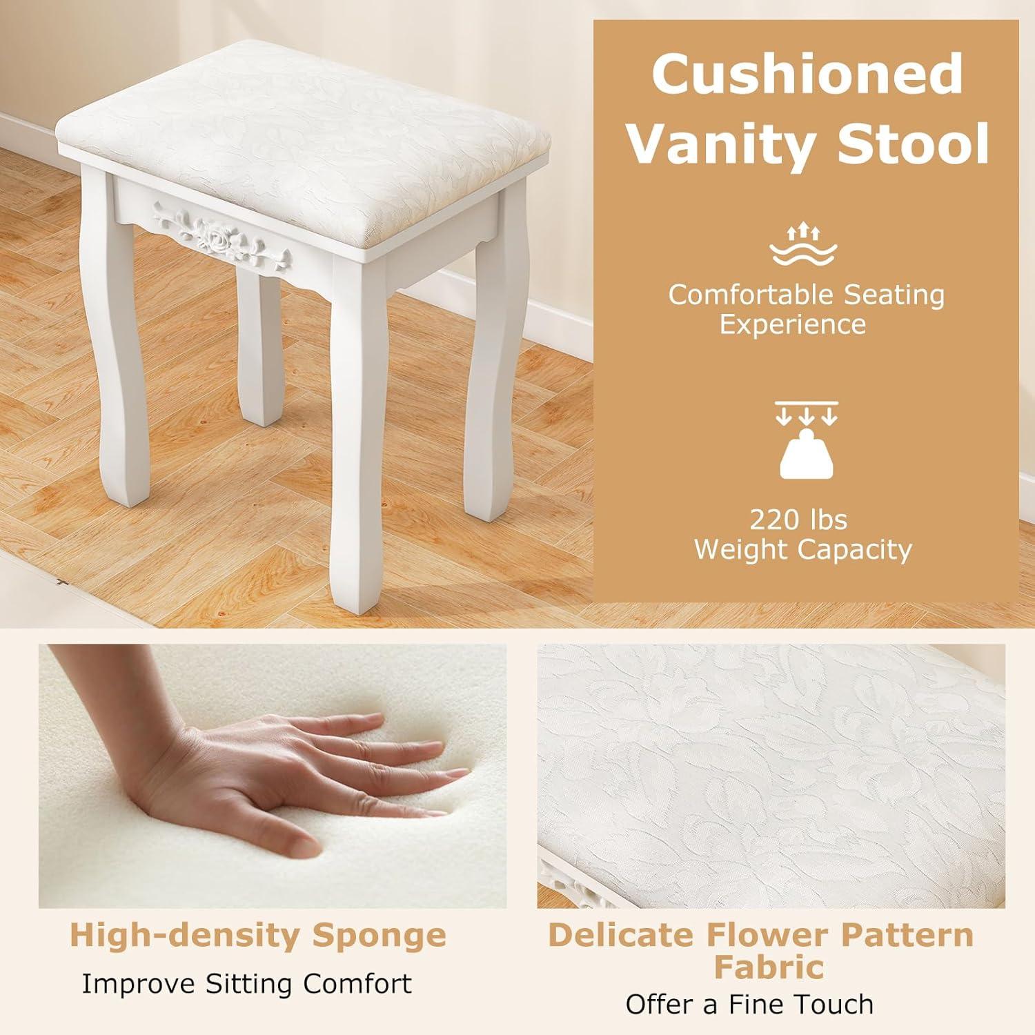 Giantex Girls Vanity Desk with 4 Drawers, White Makeup Vanity Table with Mirror and Cushioned Stool, Rose Shaped Knobs, Modern Bedroom Dressing Table for Small Place Apartment