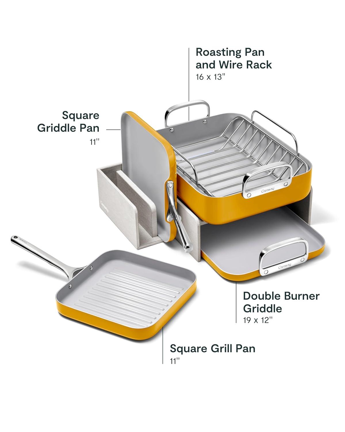 Caraway Home 7pc Square Cookware Set Marigold: Nonstick Ceramic, Silicone Polyester, Electric & Gas Compatible