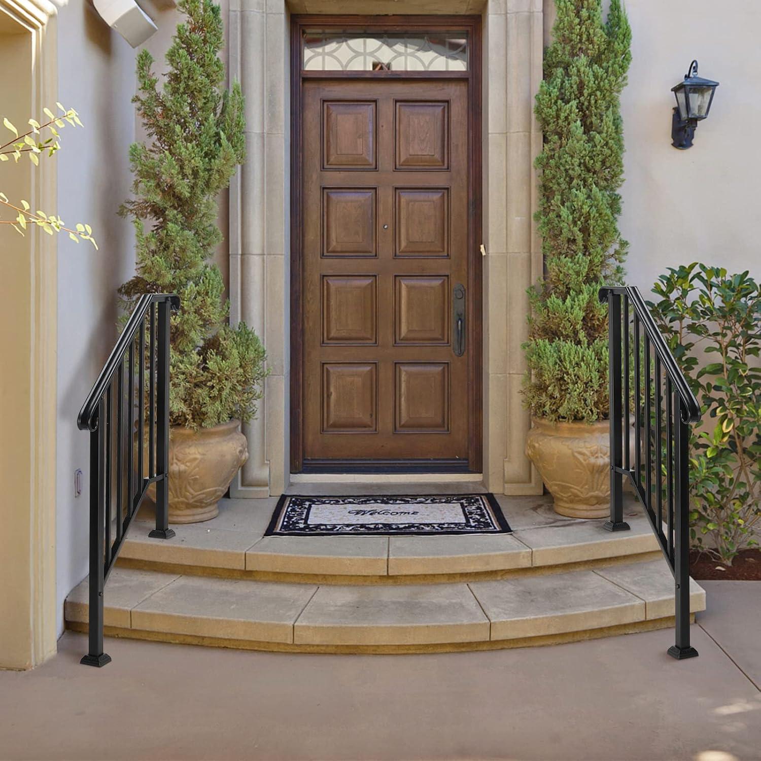 Outvita Handrails for Outdoor Steps, Black Wrought Iron Handrail Fits 2 or 3 Steps, Transitional Handrail with Installation Kit, Stair Railing for Concrete Steps or Wooden Stairs