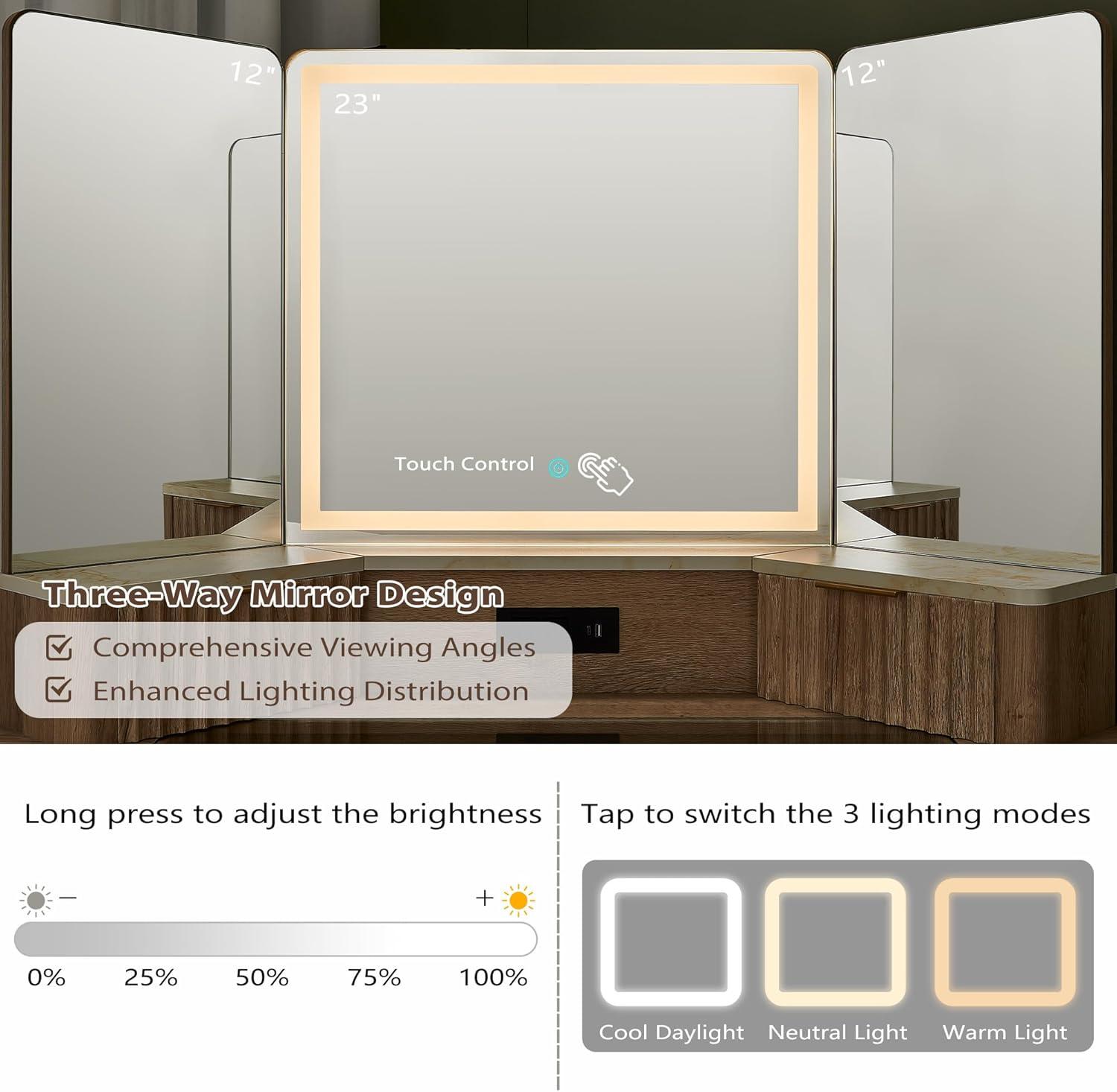 Brayden Studio® Fluted Makeup Vanity Desk with 3 Way Mirror and Lights,48" Large Corner Vanity Table with Glass Top