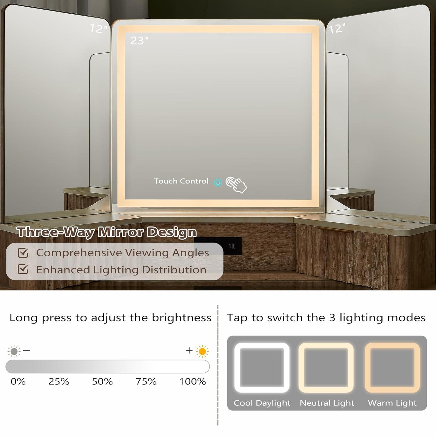 Brayden Studio® Fluted Makeup Vanity Desk with 3 Way Mirror and Lights,48" Large Corner Vanity Table with Glass Top