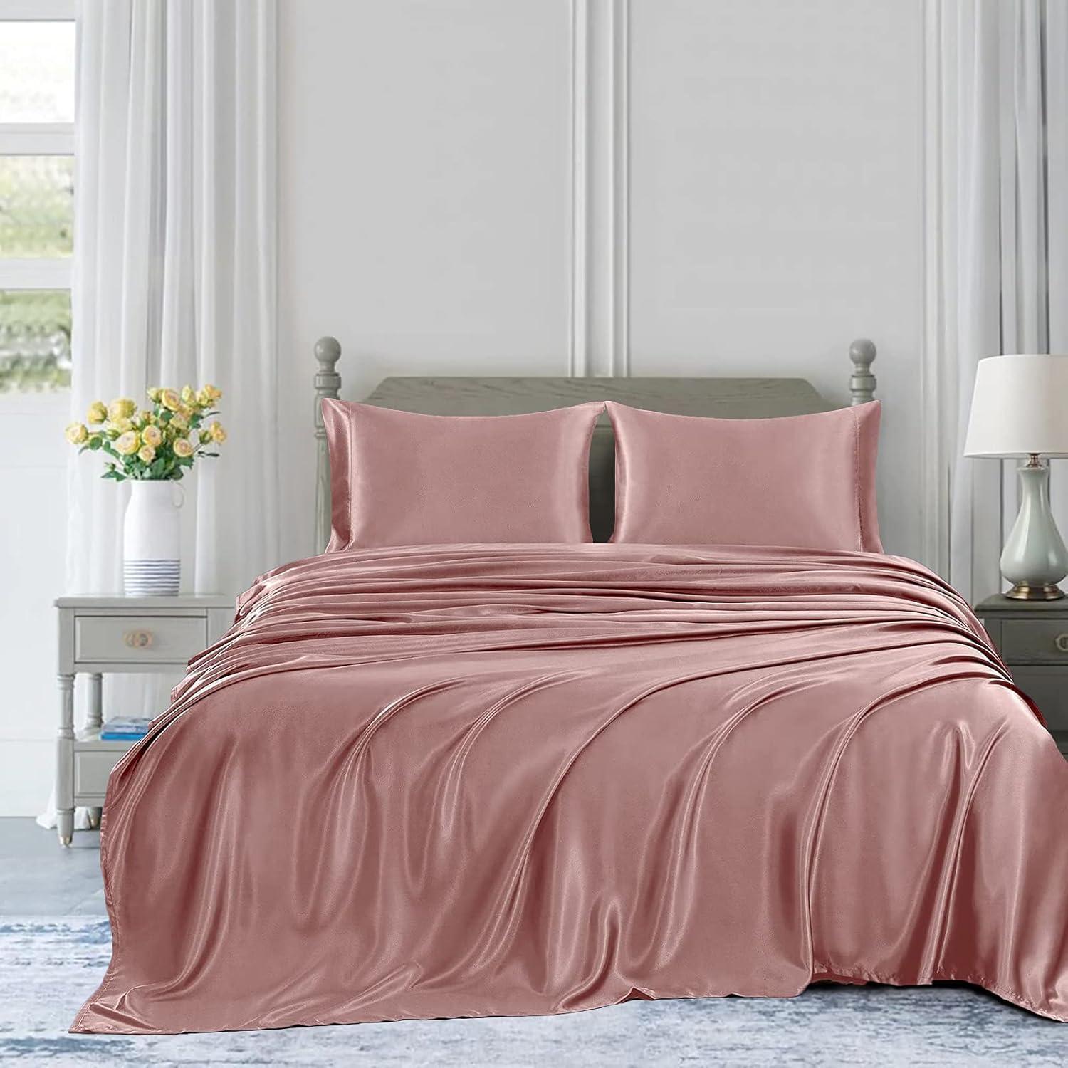 Homiest 4pcs Satin Sheets Set Luxury Silky Satin Bedding Set with Deep Pocket, 1 Fitted Sheet + 1 Flat Sheet + 2 Pillowcases (Queen Size, Blush Pink)