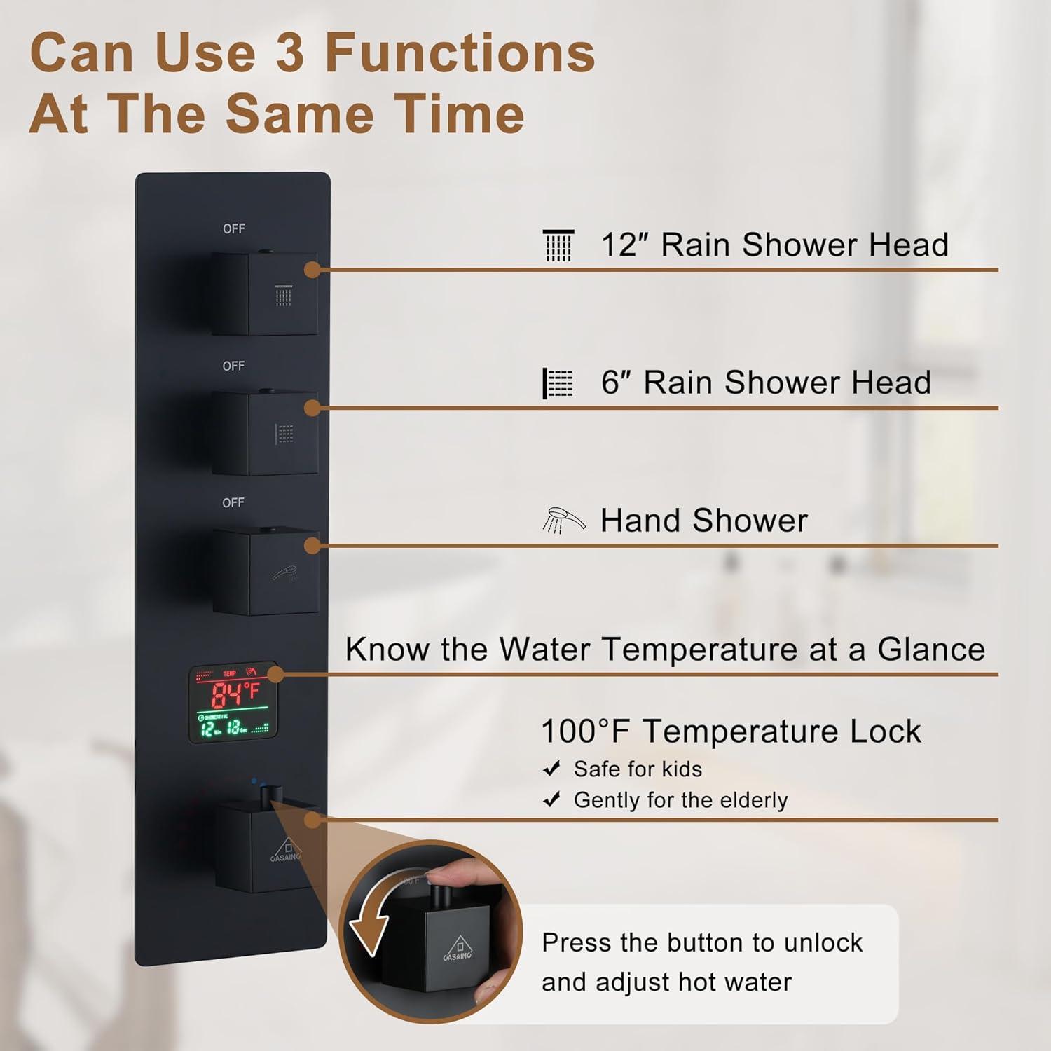 Rainfall Symphony 12" Flush Mount Rainfall Temperature Display Thermostatic Shower System with 64 Color LED and Music