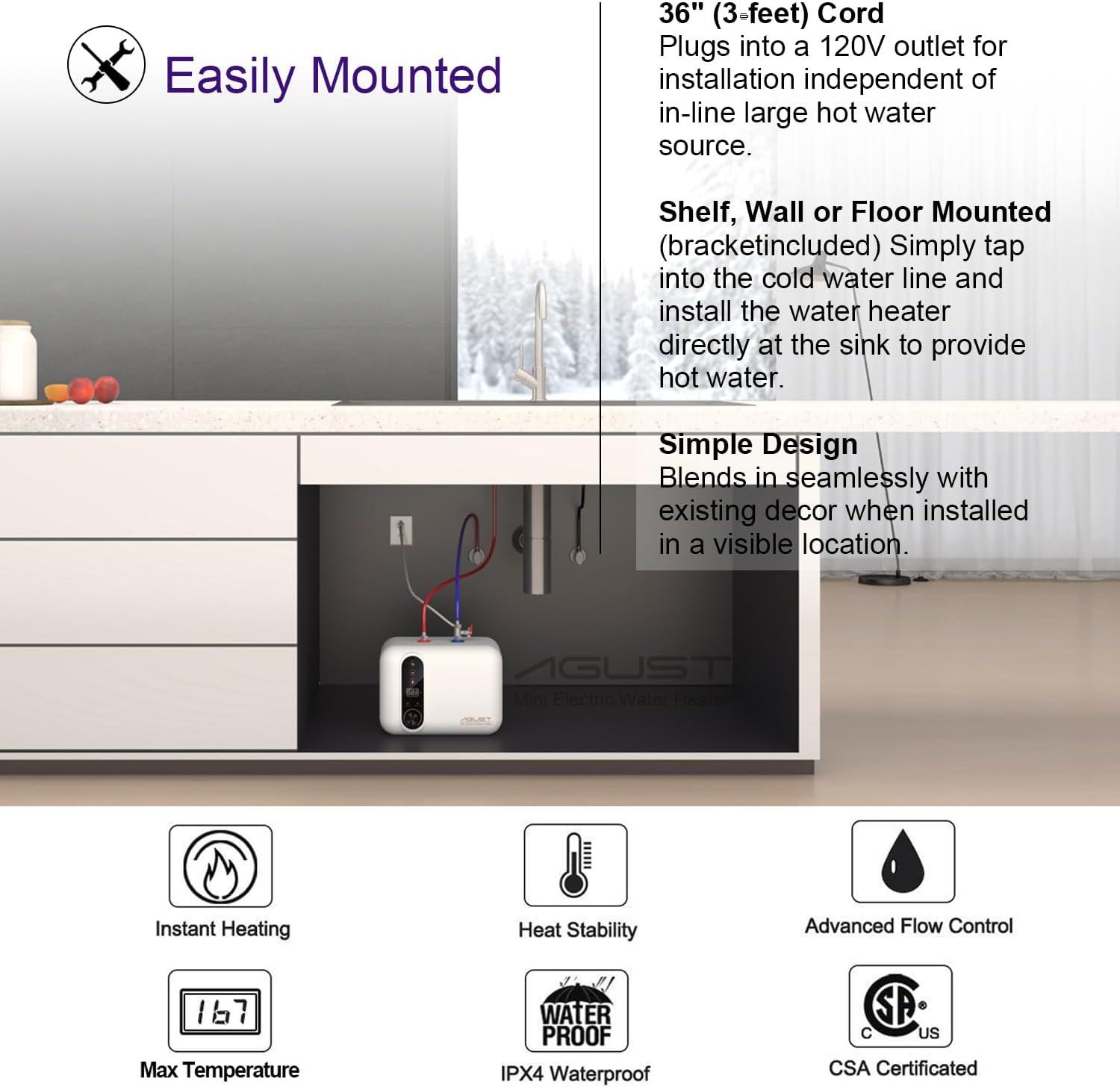 Compact White Electric Tankless Water Heater with LED Display