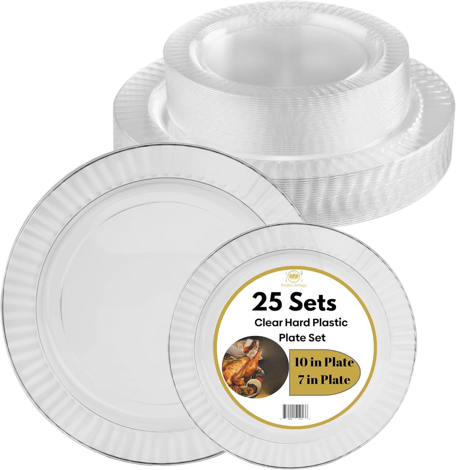 Perfect Settings Tableware 50 Pcs Clear Plastic Disposable Party Dinnerware Combo Set Dinner and Salad Size Plates (Set of 25)