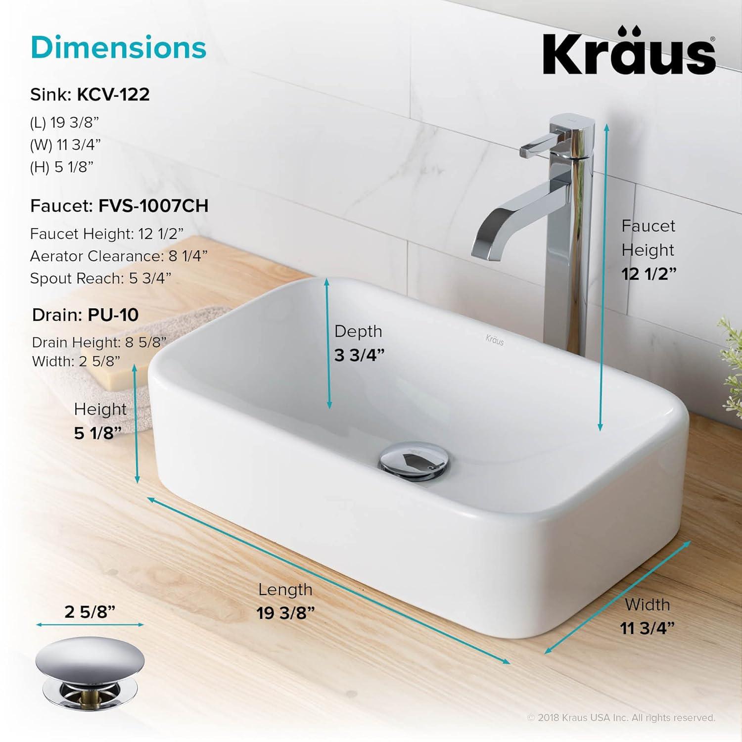 Kraus C-KCV-122-1007CH Ceramic Rectangular Vessel Bathroom Sink with Faucet
