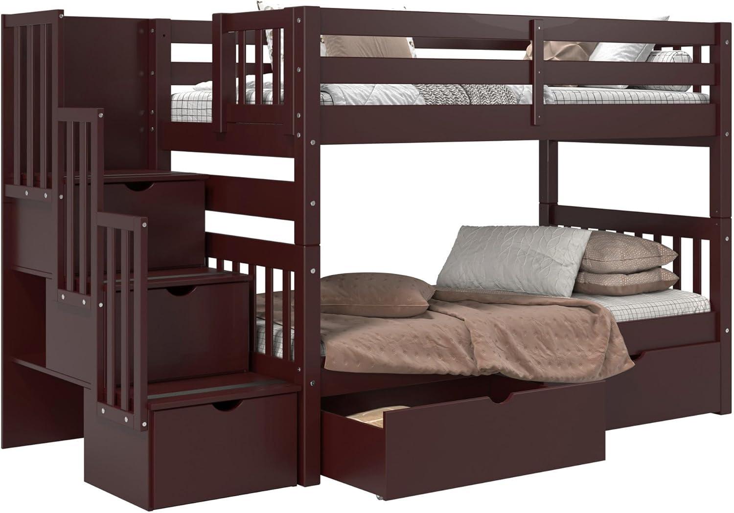 Bedz King Stairway Bunk Beds Twin over Twin with 3 Drawers in the Steps and 2 Under Bed Drawers, Dark Cherry