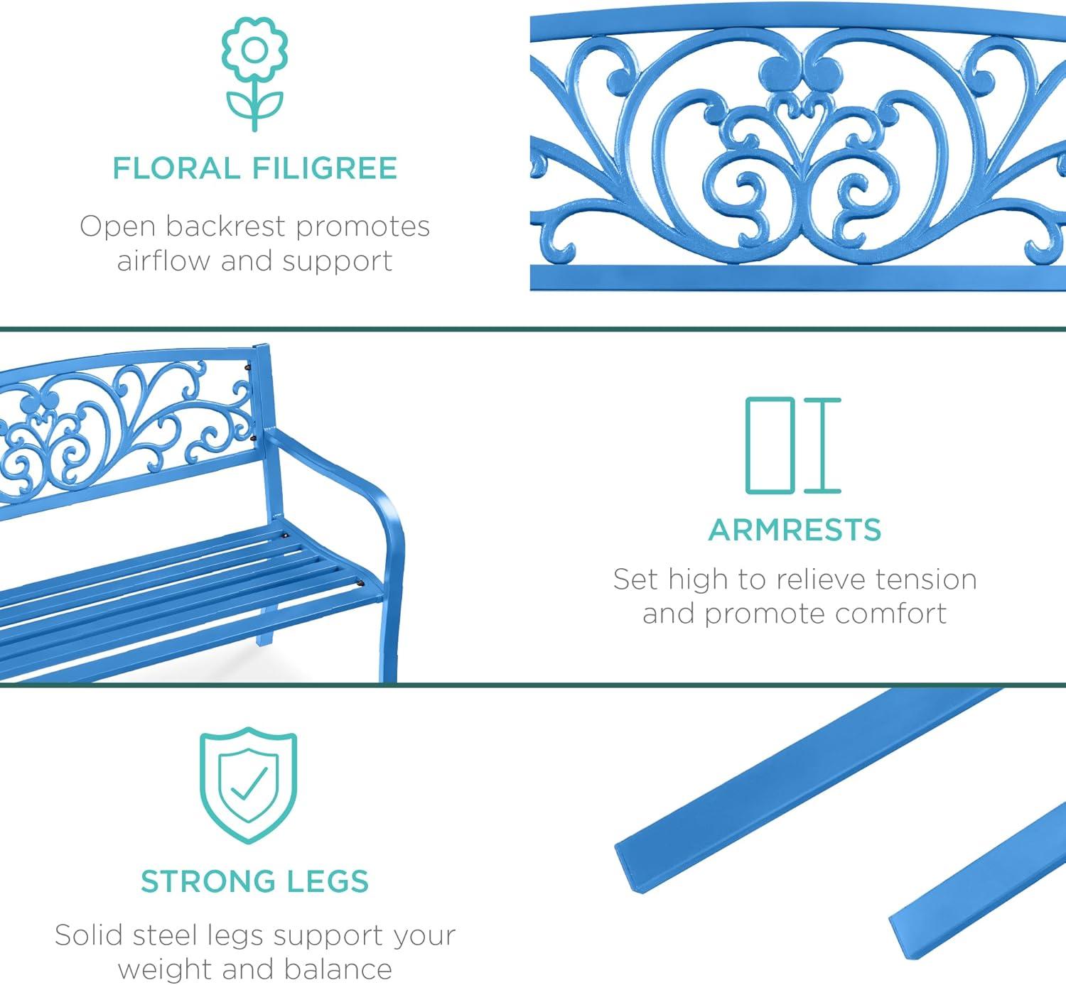 World Menagerie Outdoor Steel Bench with Floral Backrest & Slatted Seat, Marigold for Garden, Patio, Porch, Lawn, and Deck