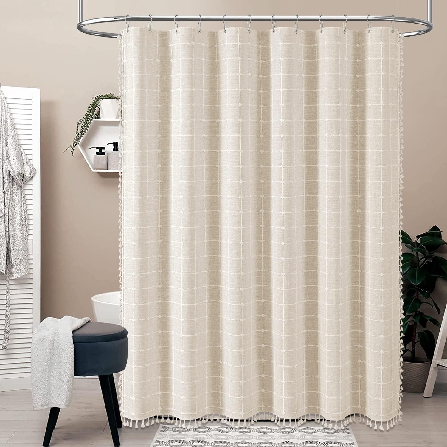 Cream Linen Blend Boho Chic Tassel Shower Curtain 72x84