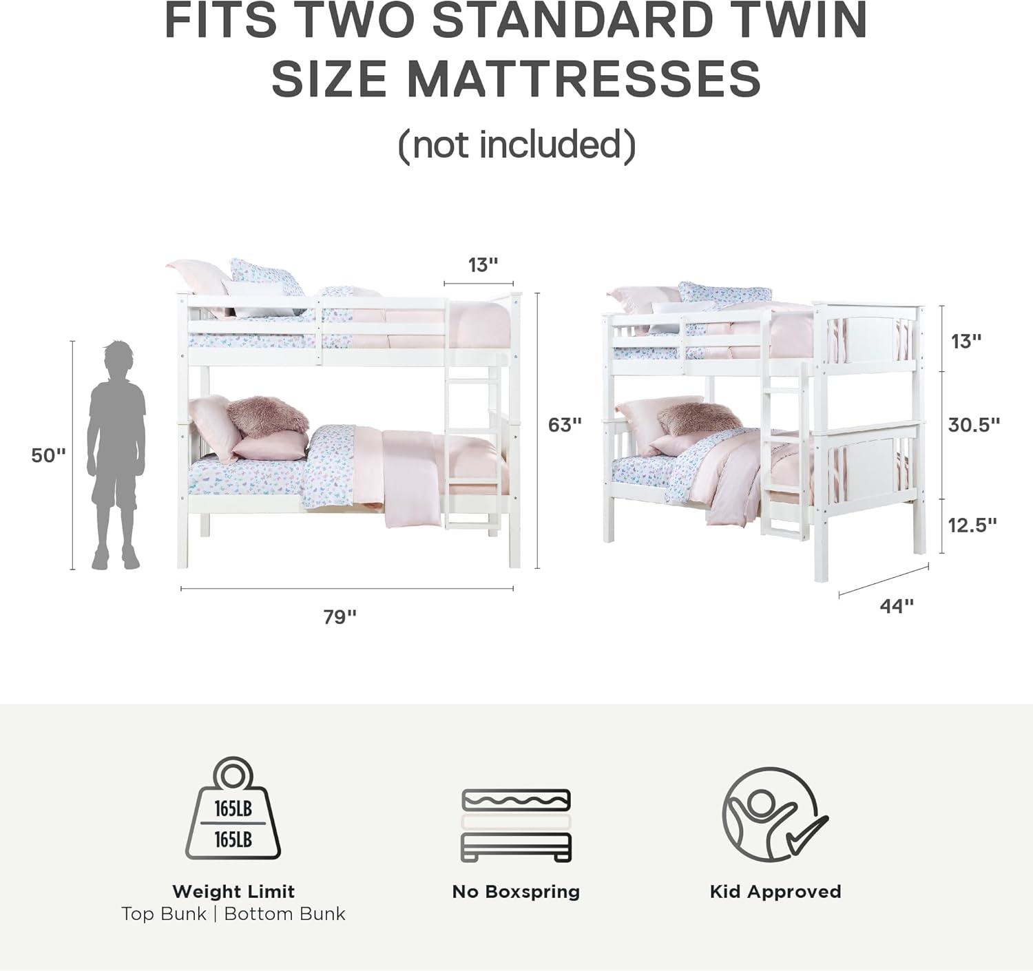 White Twin Over Twin Wood Bunk Bed with Ladder and Guardrail