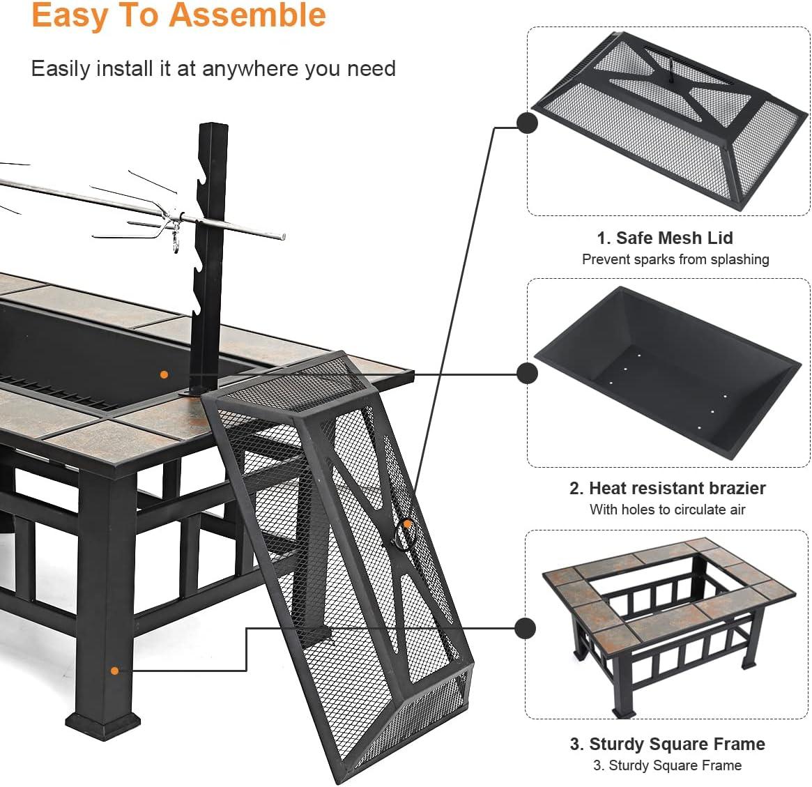 SINGLYFIRE 37 Inch Large Fire Pit with Ceramic Table & BBQ Grill for Backyard Garden