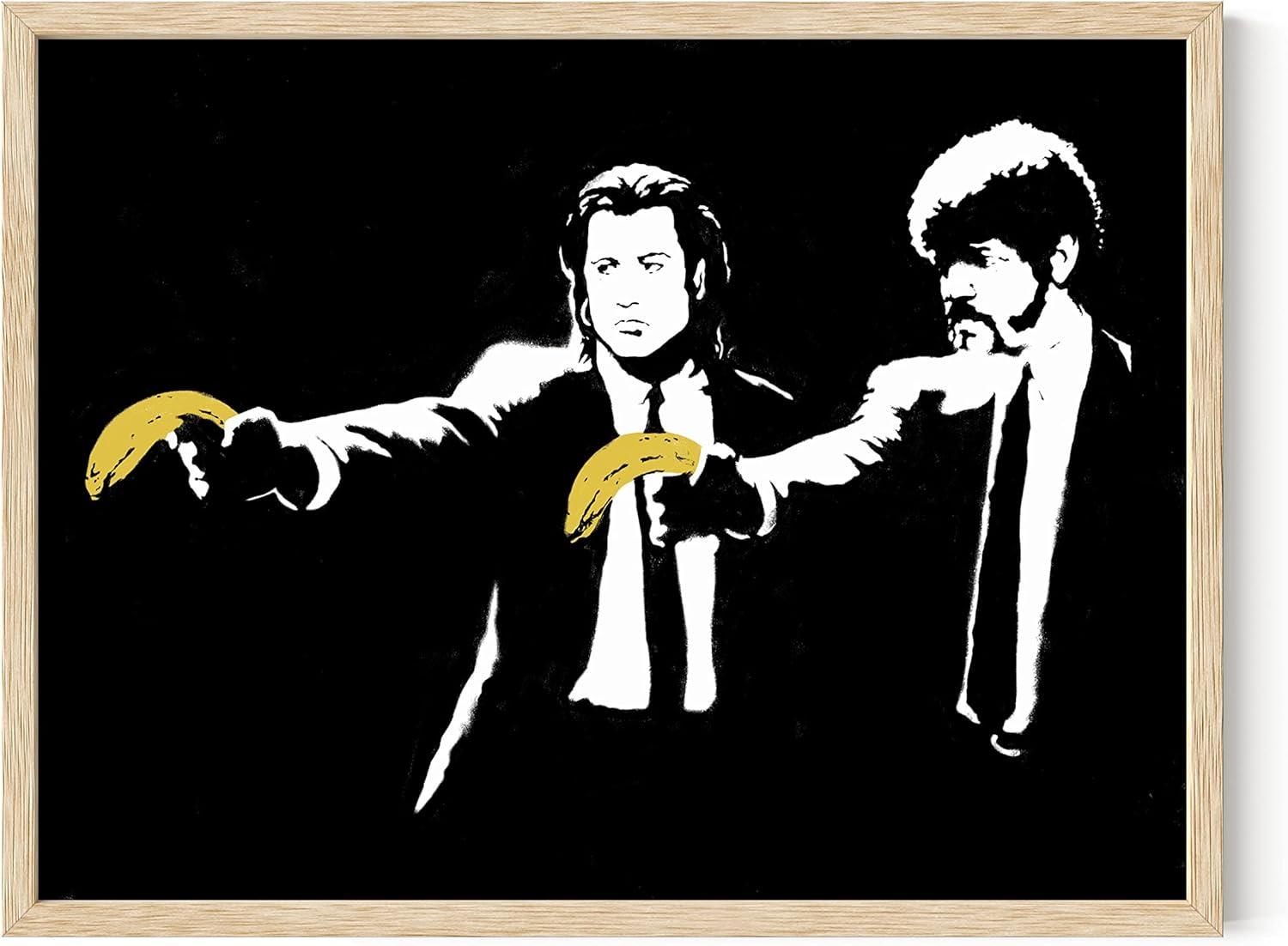 Banksy Wall Art Pulp Fiction - By Haus and Hues Street Art Wall Pulp Fiction Poster Pop Art Banksy Prints Wall Art Graffiti Banksy Wall Poster Graffiti Art Wall Decor Pop Art (Beige Framed 12x16)