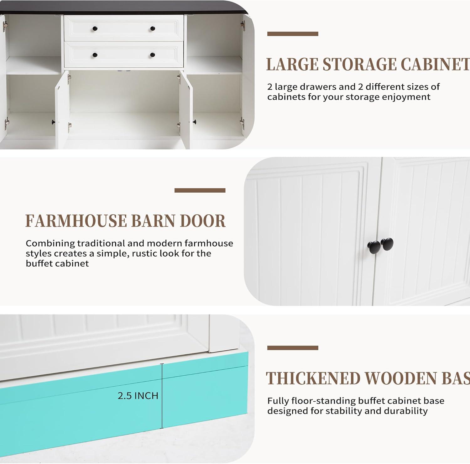 Magic Union 58" Farmhouse Sideboard Buffet Cabinet, Coffee Bar Cabinet with 2 Large Drawers & 4 Grooved Barn Doors, Wood Storage Cabinets for Dinning Room, Kitchen, Living Room, White