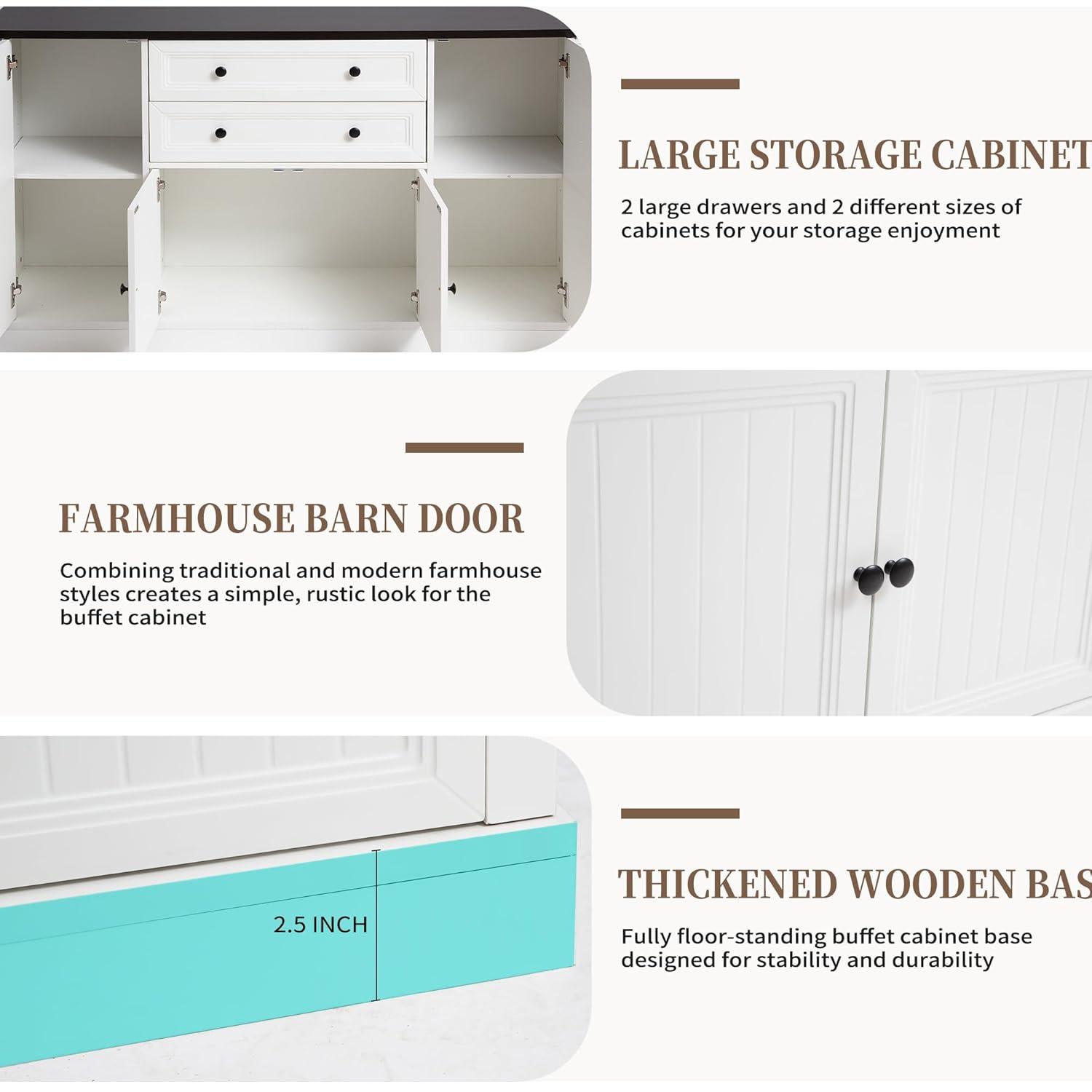 Magic Union 58" Farmhouse Sideboard Buffet Cabinet, Coffee Bar Cabinet with 2 Large Drawers & 4 Grooved Barn Doors, Wood Storage Cabinets for Dinning Room, Kitchen, Living Room, White