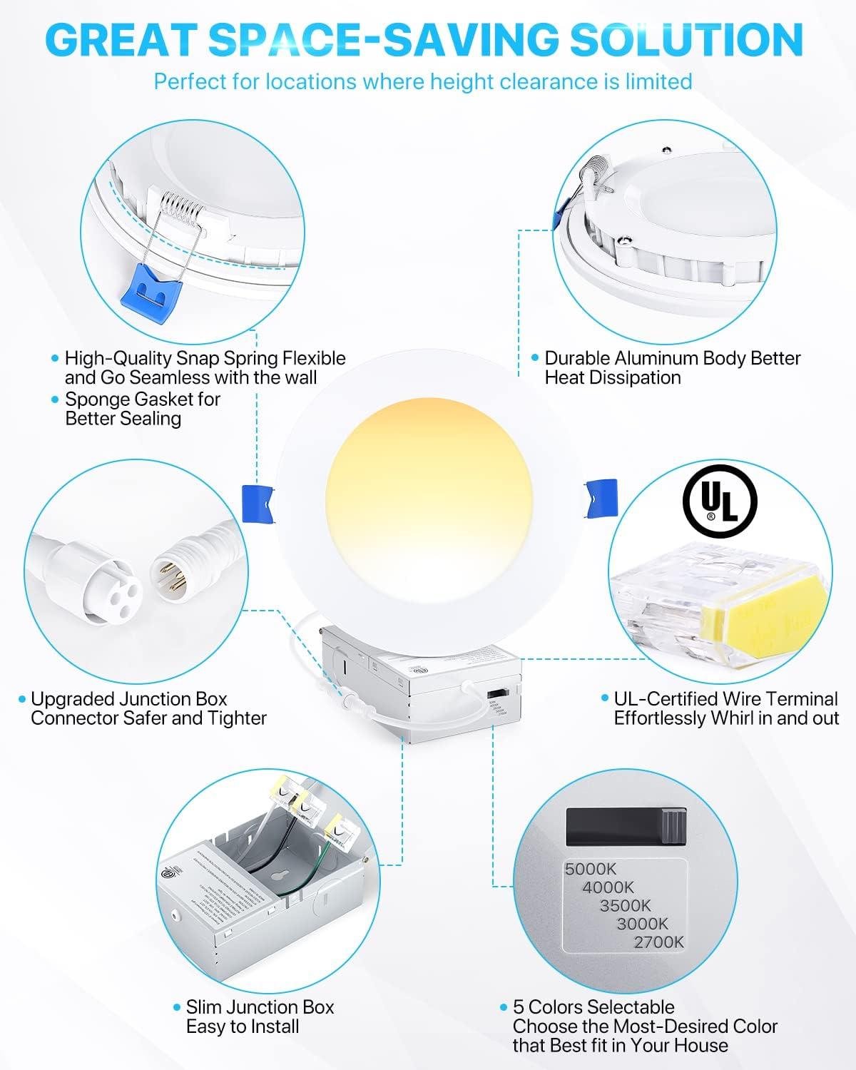 Ensenior 12 Pack 6 Inch Ultra-Thin LED Recessed Ceiling Light with Junction Box, 5000K Daylight, 12W 110W Eqv, Dimmable Can-Killer Downlight, 1050LM High Brightness - ETL and Energy Star Certified