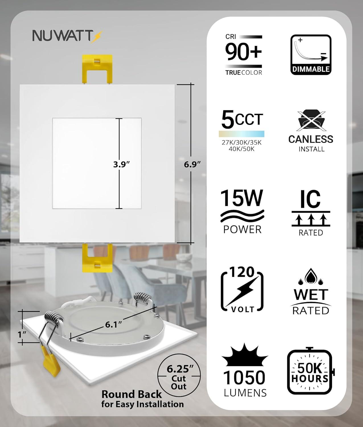 NUWATT 6 Pack 6 Inch Square Ultra-Thin LED Recessed Lighting, Selectable 2700K/3000K/3500K/4000K/5000K, High Brightness 1050 Lumens Dimmable, White Canless Slim Wafer Light, IC Rated, Metal J-Box
