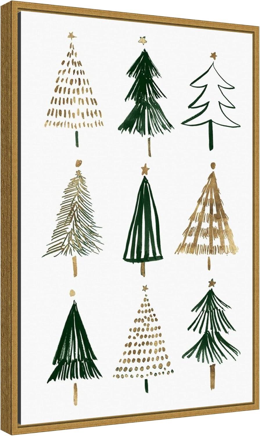 Evergreen Trees Gold and Green Canvas Print with Gold Frame