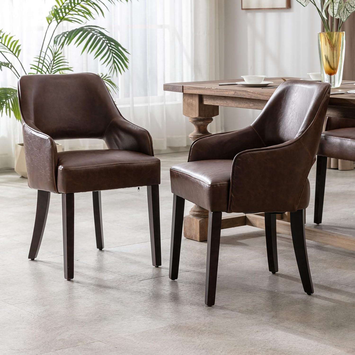 Brown Faux Leather Upholstered Side Chair with Wooden Legs