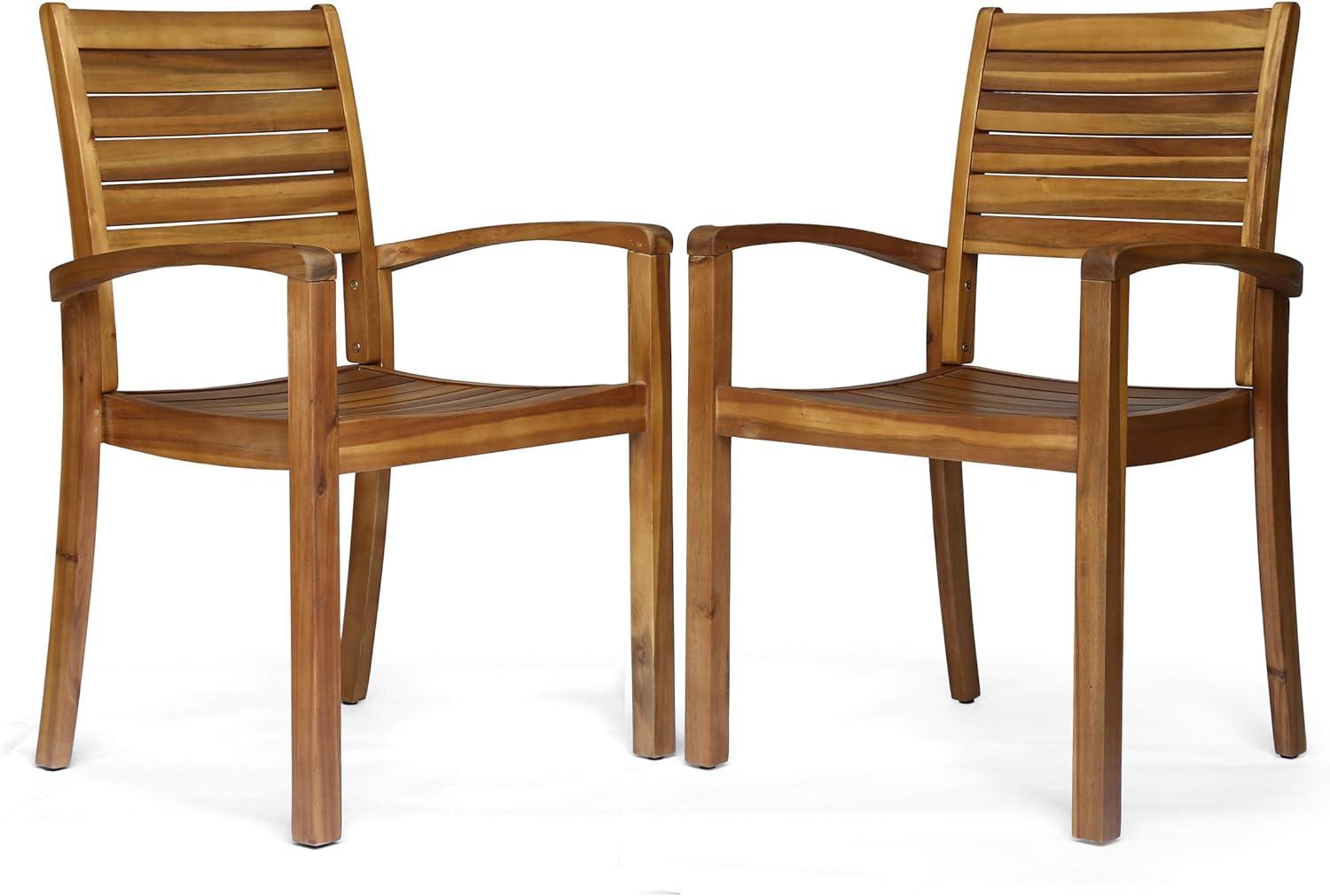 Miguel 2pk Acacia Wood Dining Chair - Teak - Christopher Knight Home: Water-Resistant, Traditional Style Patio Furniture