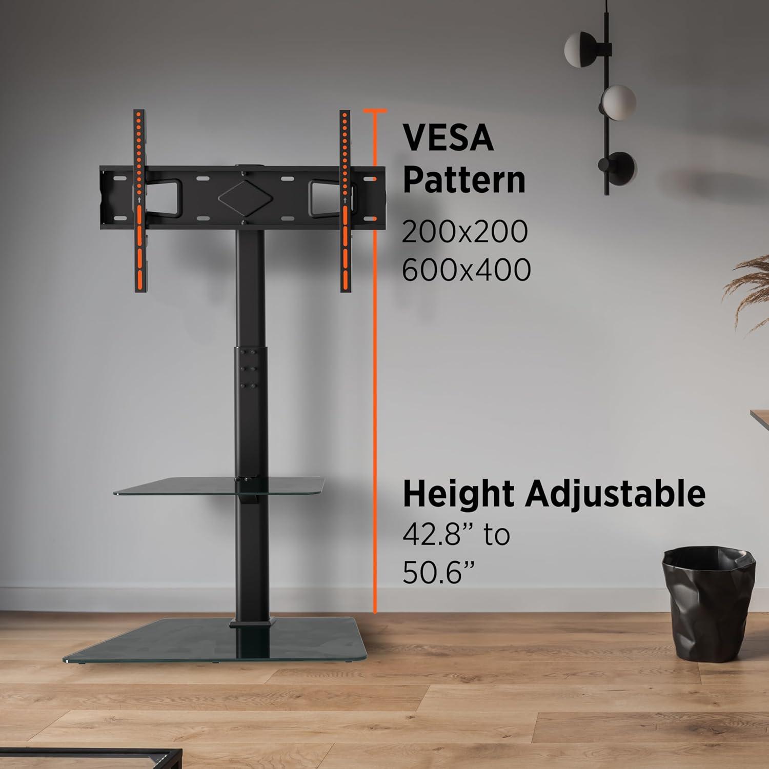 Promounts Modern Slim TV Stand with Mount for TVs 37" - 72" Up to 88 lbs with Tempered Glass Shelf